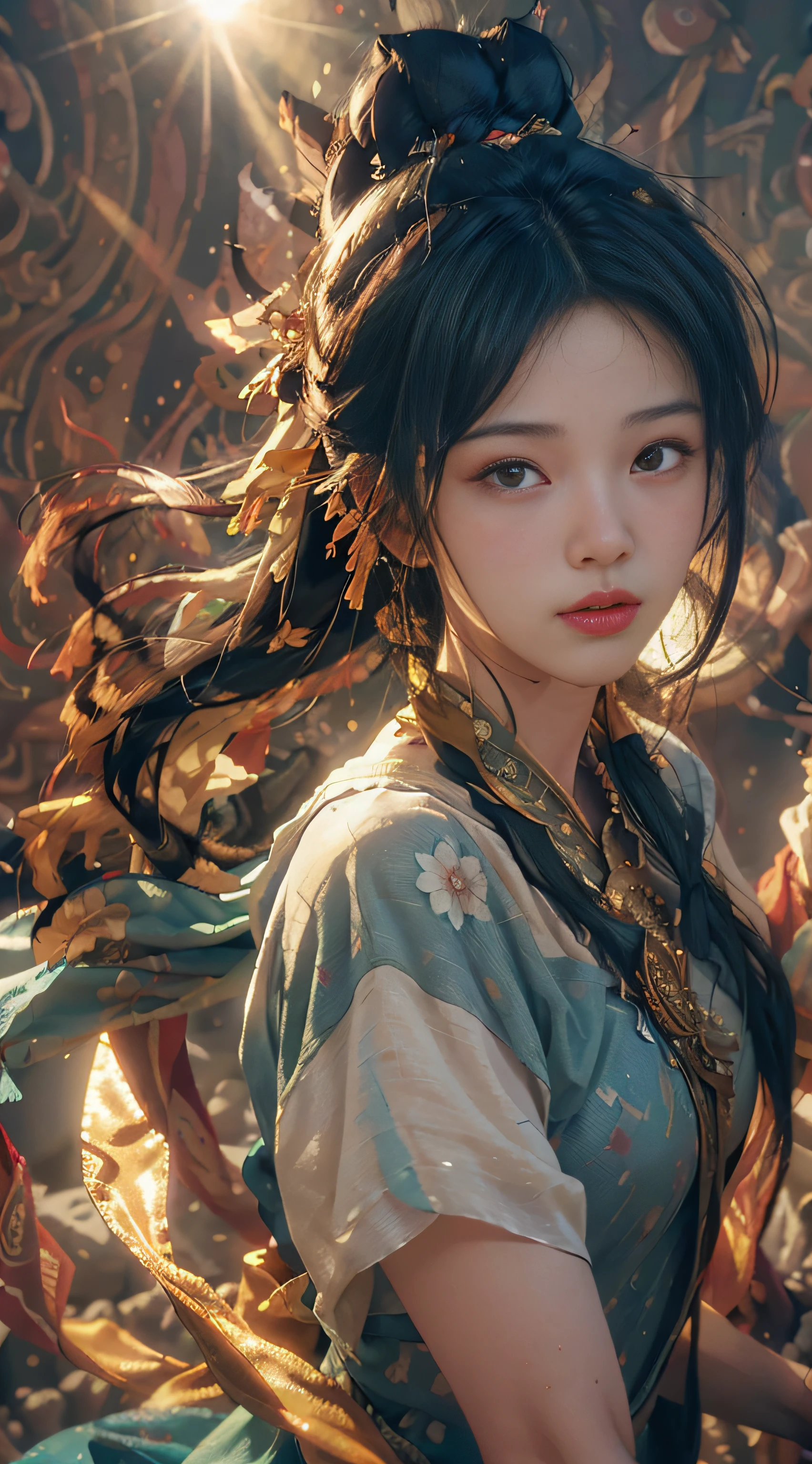 (RAW photo, best quality), (realistic, photo-realistic:1.3),best quality,highly detailed,masterpiece,ultra-detailed,illustration,1girl,upper_body,dynamic angle,world masterpiece theater,messy_long_hair,best quality,extremely detailed CG unity 8k wallpaper,ink,Amazing,cinematic lighting,lens_flare, dunhuang_style