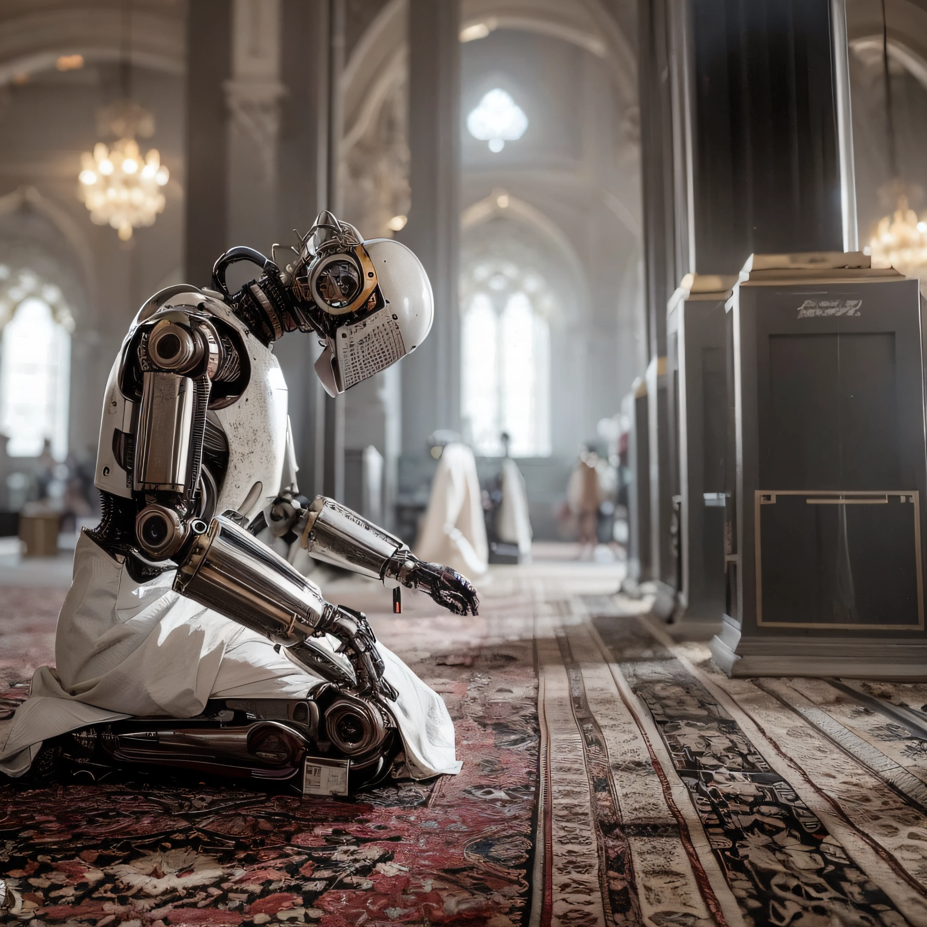 arafed robot kneeling on a rug in a large room, robot religion, um ciborgue meditando, artificial intelligence god, interior da mesquita cyberpunk, scifi religioso, Direction: Kurt Roesch, transumanismo, artificial intelligence gods, evil artificial intelligence, the coming ai singularity, robot pope, Cyberpunk ortodoxo, Zen Cyberpunk Meditation