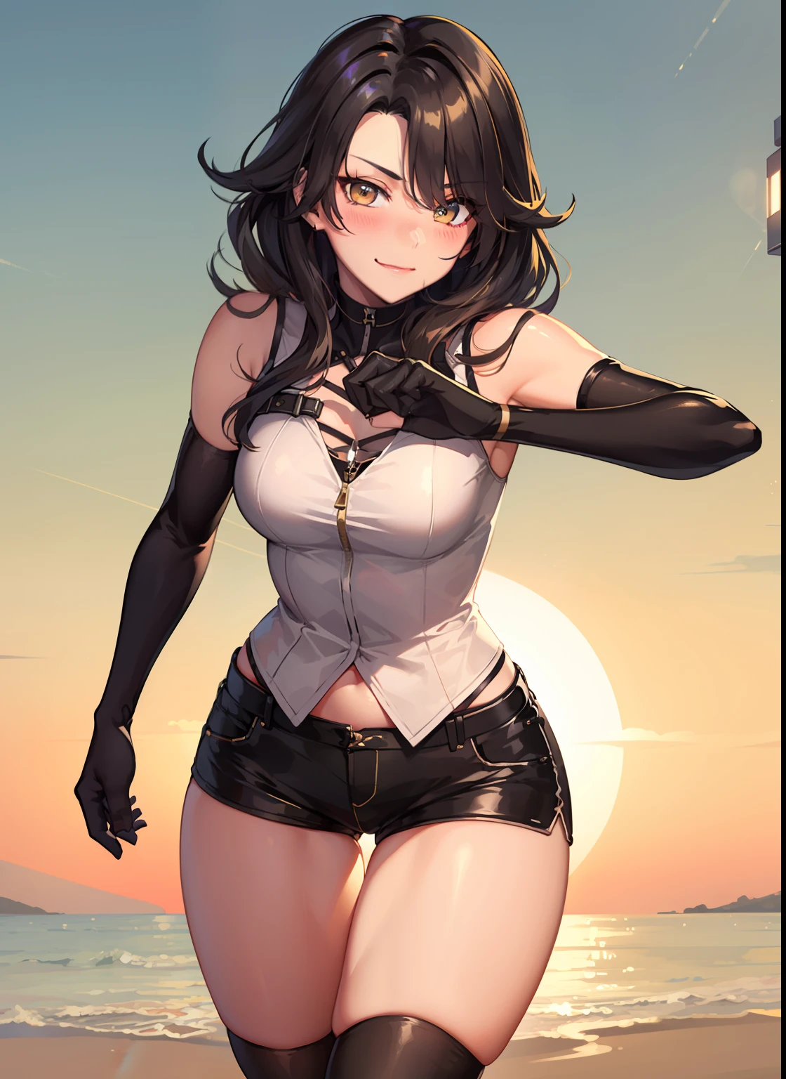 (Masterpiece, the best quality: 1.2), Cowboy shot, solo, a 1girl, evil smile, Blush, closed mouth, looks at the viewer, Long Hair, white shirt, Short shorts, Unbuttoned shorts, elbow gloves, wide thighs, erotica, Worth, erotic pose