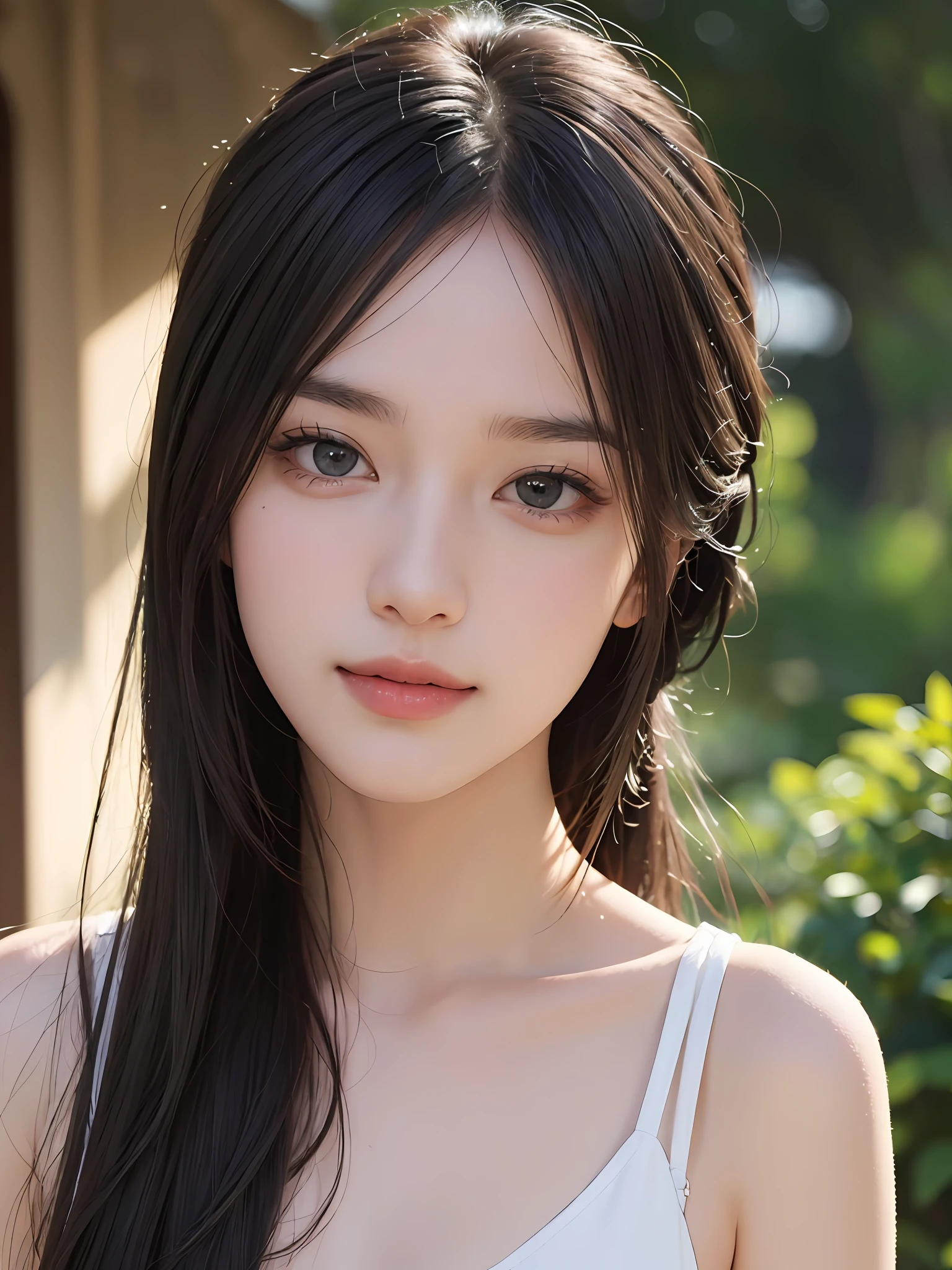 Masterpiece, best picture quality, high quality, beautiful woman, Japanese, popular Korean makeup, detailed, swollen eyes, detailed eyes, detailed skin, beautiful skin, ultra high resolution, (reality: 1.4),very beautiful, slightly younger face, beautiful skin, slender, (ultra realistic), (illustration), (high resolution), (8K), (very detailed) (best illustration), (beautifully detailed eyes), (super detailed), (wallpaper), (detailed face), looking at viewer, fine detail, detailed face, pureerosfaceace_v1, smiling, looking straight ahead, looking straight ahead, angle from waist up, realistic photo, bright lighting, professional lighting, black hair (some green), long hair, dark ruins, big red moon, gorgeous red and black dress, mature woman, long stylish bangs,