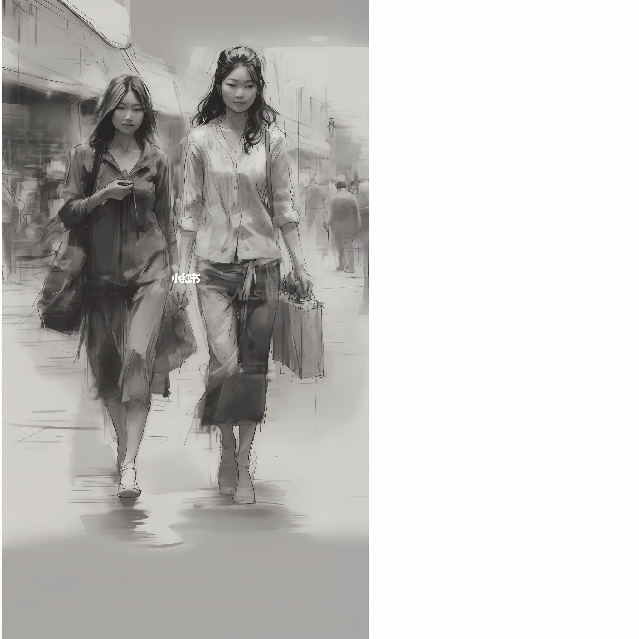 there are two women walking down the street with bags, author：Shen Zhou, author：Kim Hwan-ki, author：Zhou Fang, in style of steve henderson, author：Cai Zhichao, author：Zhang Lu, author：Hong Ren, author：Zou Zhe, author：Zhou Wenjing, author：Zhao Yong, author：Wu Zhun Shi Fan, author：Li Zai