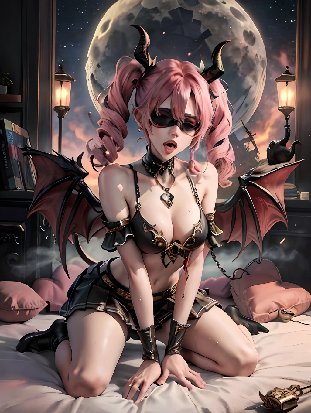 Pink hair. Pigtails. Miniskirt. Earring. Devil's wings. Fallen angel. Yami Ochi. Evil chi. Devil. Universe. Moon. Heart-shaped vacant chest. Heart logo. Blindfold. Open mouth. Stick out your tongue. Sweat. Drool. Lick your fingers. Put your finger in your mouth. Kneeling. Cover both eyes with tape.