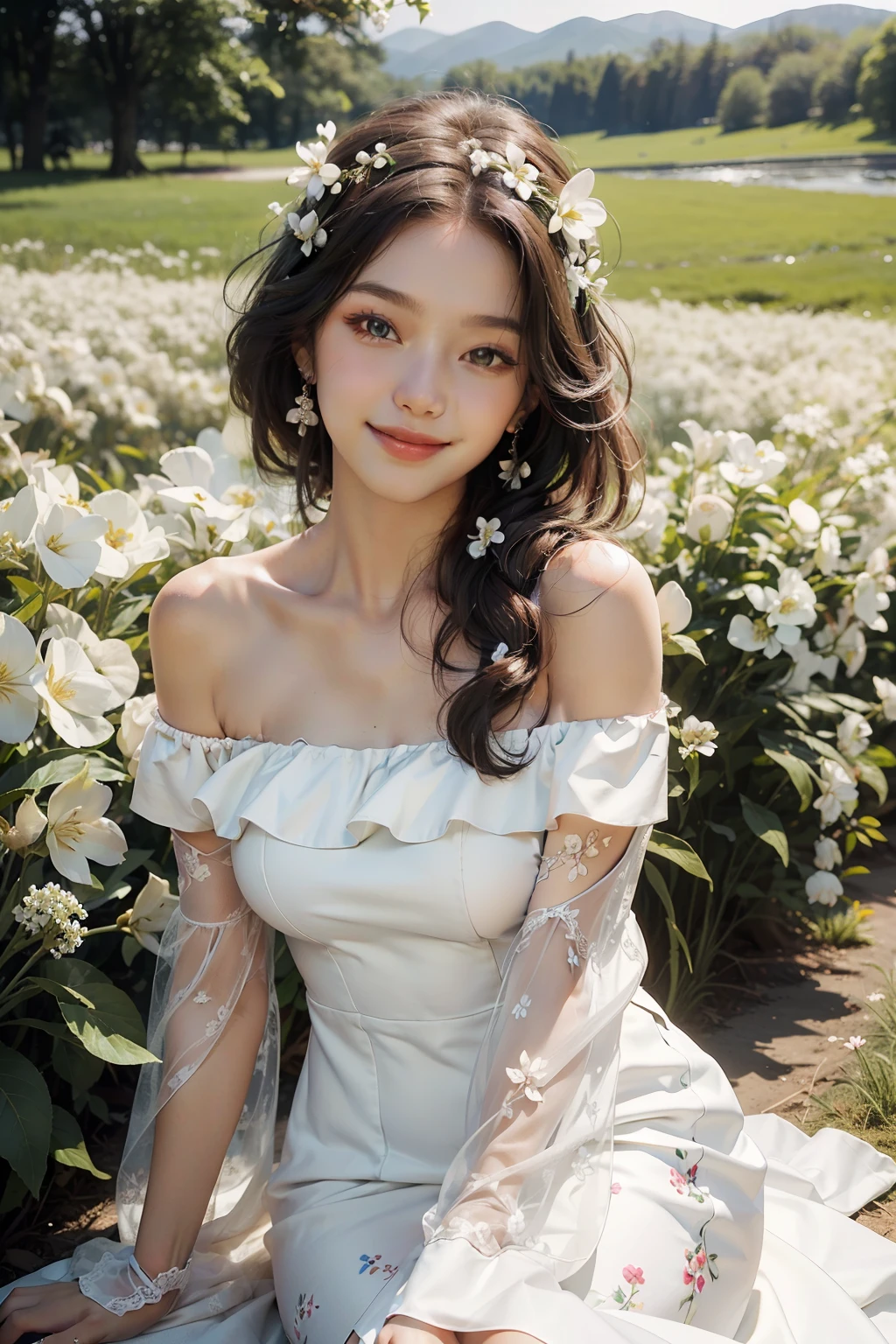 Best quality, masterpiece, ultra high res, (photorealistic:1.4), raw photo, 1girl, white dress, off shoulder, blossom flower field, glowing skin, light smile