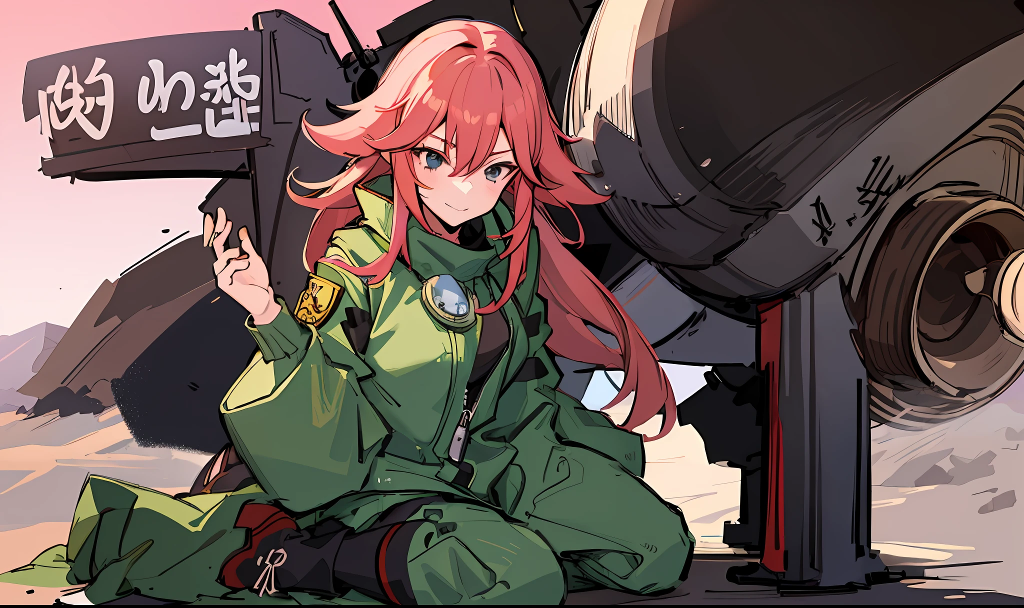 Warjet pilot Red-haired woman with military green color clothing in a desert with the jet behind her anime style, botas marrons