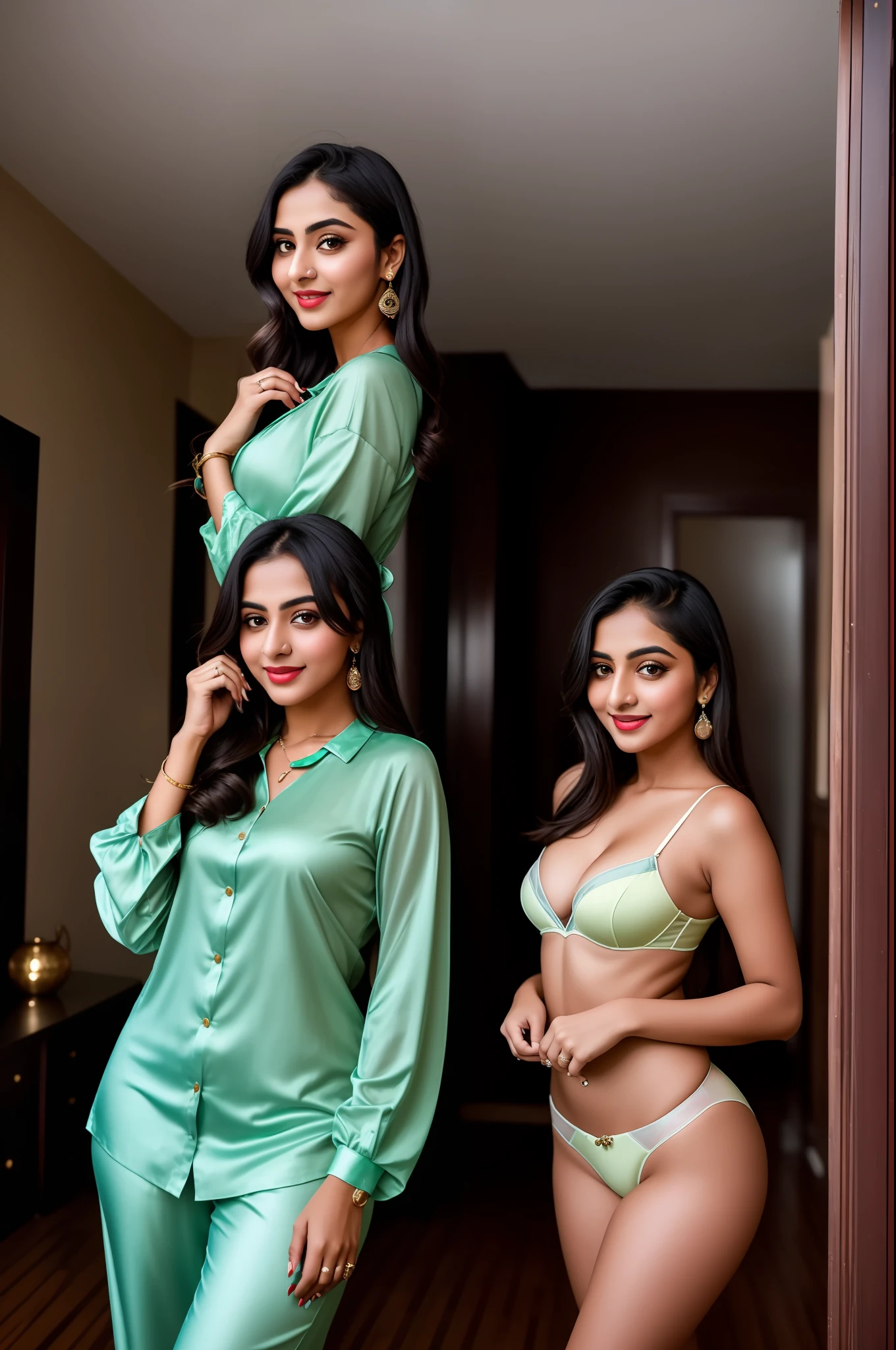A 1950s Realistic full body portrait of young Indian woman with dark long curls hair style, Beautiful, (((Perfect Eyes:1.1))), (detailed face:1.2), Smiling, (highly detailed skin:1.1), perfect breasts, Perfect curvy Body, ((wearing salwar)), Sexy low cleavage, Photorealistic, Sexy Pose, Fashion Photography, soft Lighting, sunset, ((standing in a mansion room background)), RAW, analog style, sharp focus, 8k, high resolution, DSLR, high quality, Fujifilm XT3, grain, award winning, masterpiece,