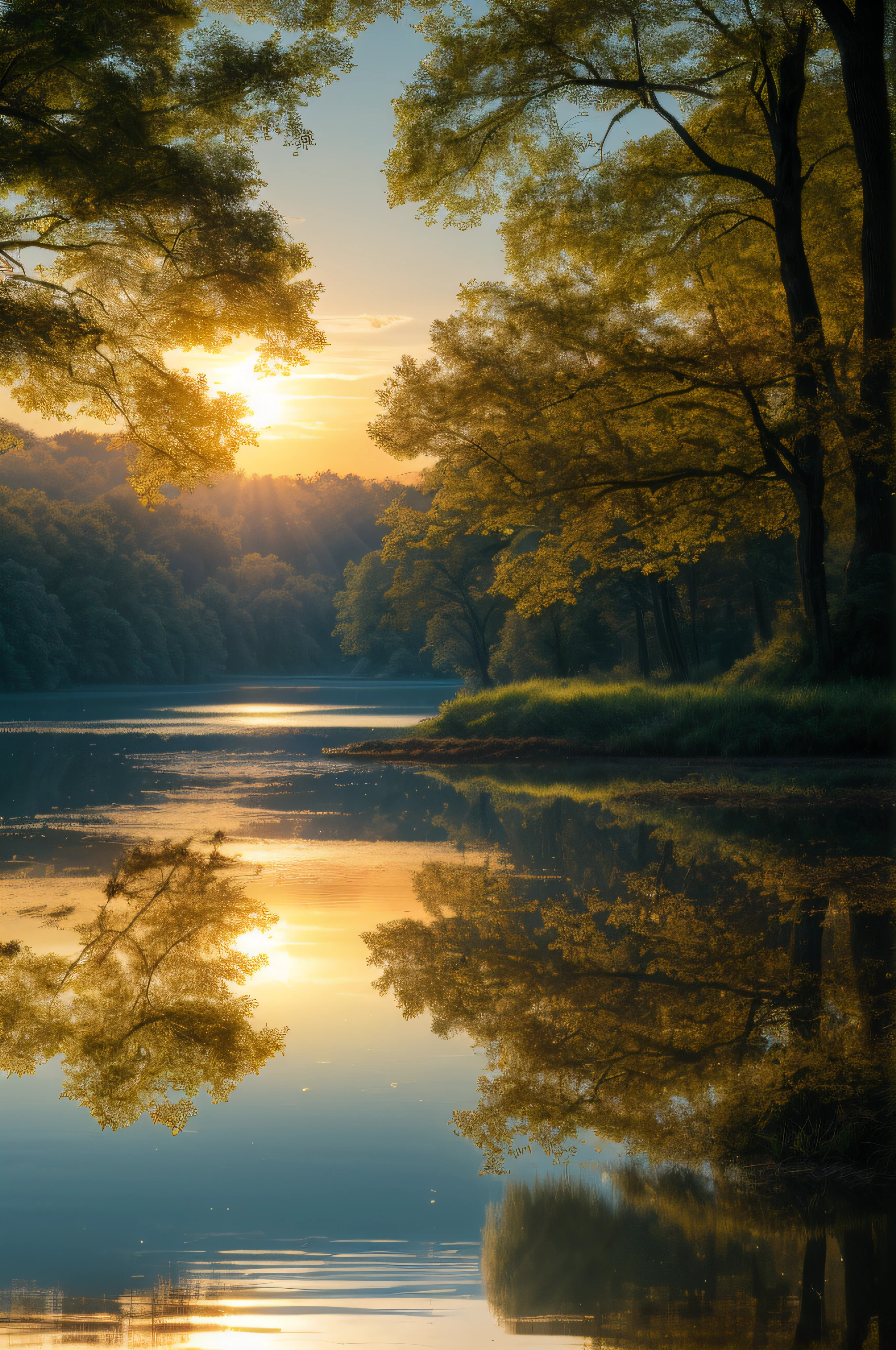 Wallpaper, summer, lake, dawn, forest, clouds, dawn background, depth of field, HD detail, hyperdetail, cinematic, soft light, deep field focus bokeh, ray tracing, diffuse (ultra-fine glass reflection) and realism. --v6