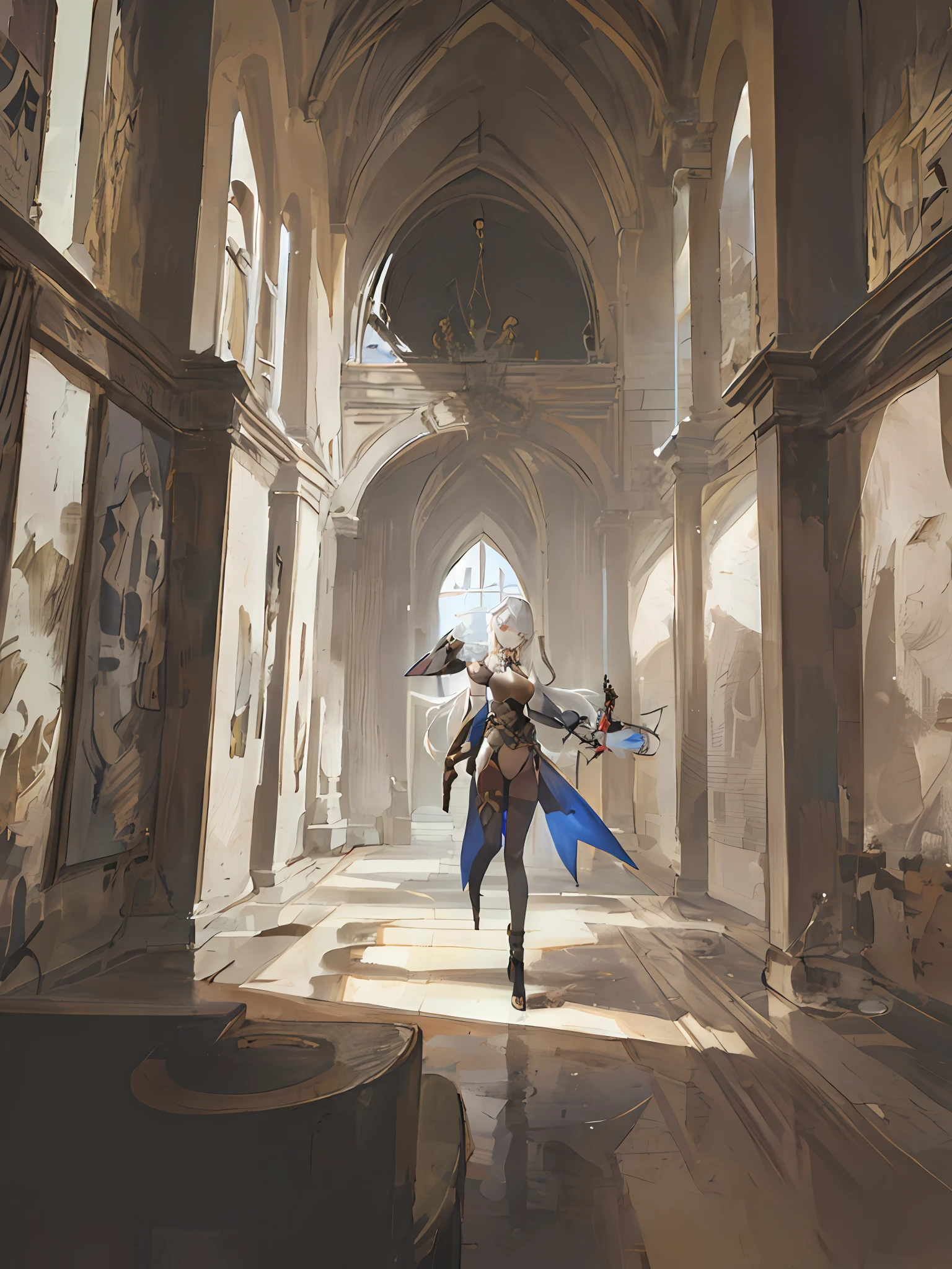 ((Masterpiece, Best quality)), Close-up, straight on, Face focus,((1 girl)), {Long hair}, ((Big breasts)), Standing, hair ornamen, gauntlets cleavage cleavage, (incredible abronousity),Gold-plated frame,(detailedlight),lamplight,Colorful,Hierarchical background,(Gothic architecture),pond,(Gorgeous background),dynamicangle,Delicate background,(shine),White hair,girl,Blue eyes,Bare shoulders,high leotard
