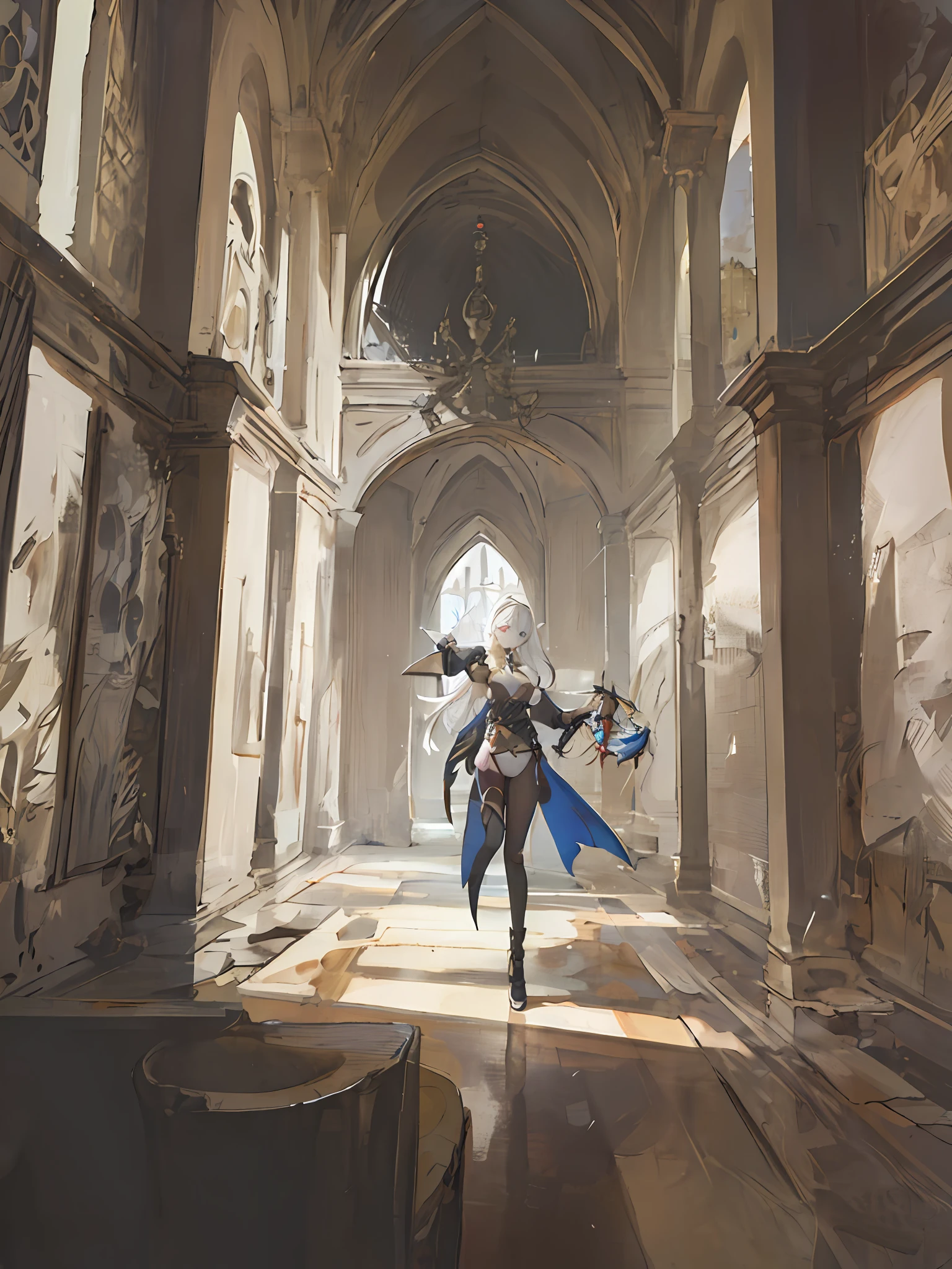 ((Masterpiece, Best quality)), Close-up, straight on, Face focus,((1 girl)), {Long hair}, ((Big breasts)), Standing, hair ornamen, gauntlets cleavage cleavage, (incredible abronousity),Gold-plated frame，（detailedlight），lamplight，Colorful，Hierarchical background，（Gothic architecture），pond，（Gorgeous background），dynamicangle，Delicate background，（shine），White hair，girl，Blue eyes，Bare shoulders，high leotard