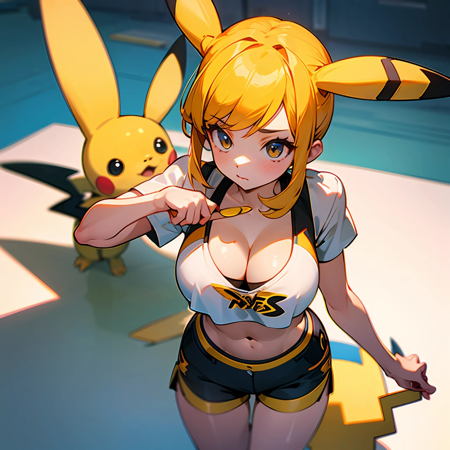 1girl, between breasts, crop top, cleavage, pikachu, shorts,, masterpiece, best quality, highly detailed --auto