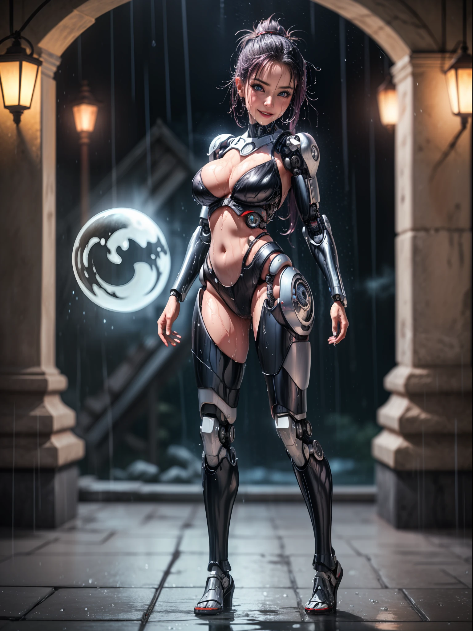 ((full body, standing):1.5) ((1woman+cyborg+ninja):1.2): only she is wearing mecha+ninja+spiderman clothes, black with white parts, extremely tight on her body, only she is doing erotic pose for the viewer, smiling, look of pleasure, expression of, naughty face, leaning against a pillar, only she has short purple mohawk hair and sparkling blue eyes, only she has ((extremely large breasts and is with her whole body wet with water):1.2), only she is in a mythical temple with ((ghostly environment, it's night, raining heavily):1.2), 1 full moon in the sky.