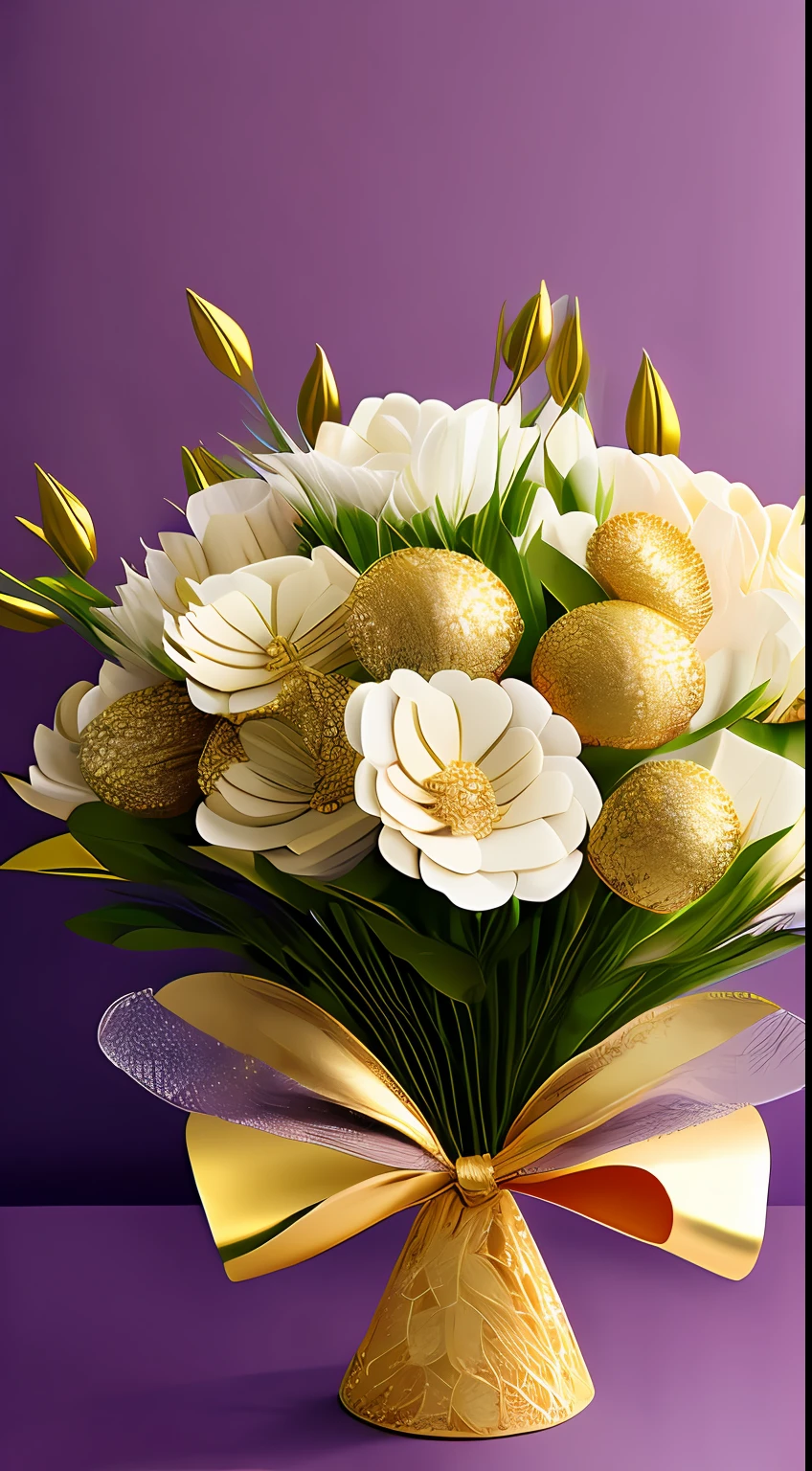 bouquet of ornamental flowers in light colors wrapped in gold lacy paper and with a luxurious bow --ar 2:3 --s1000 --v5 --q2 --upbeta -a750 --auto