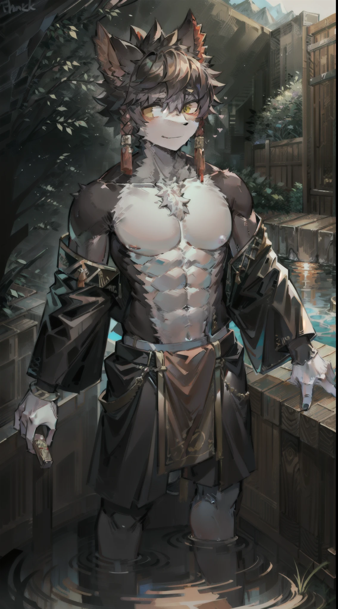 1male furry ,pectorals,The lower body is wearing a loincloth,stands,Shy,Hot springs,