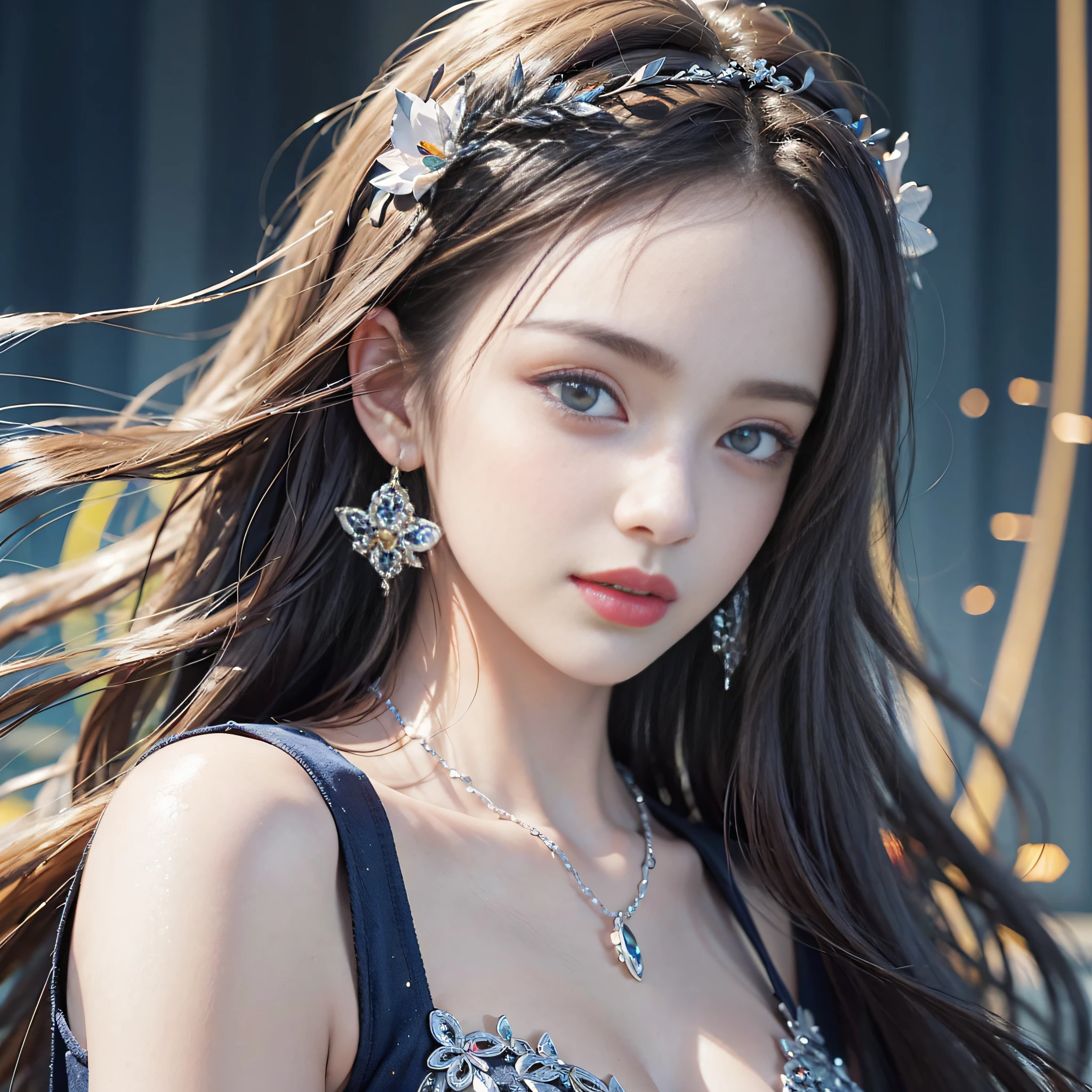 (A Masterpiece)、(maximum quality)、(Realistic)、Charming daughter、Portrait of a beautiful girl、1女の子、Transparent eyes、beautifuldetailedeyes、Glitter eyes、Glowing eyes、flawless face、Perfect eyes、Perfect iris、Perfect lips、perfect teeth、flawless skin、Beautiful nose、Beautiful mouth、Pretty lips、fine-grained skin、portrait shooting、Professional artwork、in 8K、photo-realistic、long dress、Elegant face、flawless anatomy、Perfect female body:1.4、Ultra-realistic painting:1.4、Ultra-precision painting:1.4、xd:1.4、hq、RAW Photography、necklaces、earings、female goddess、fantastical、