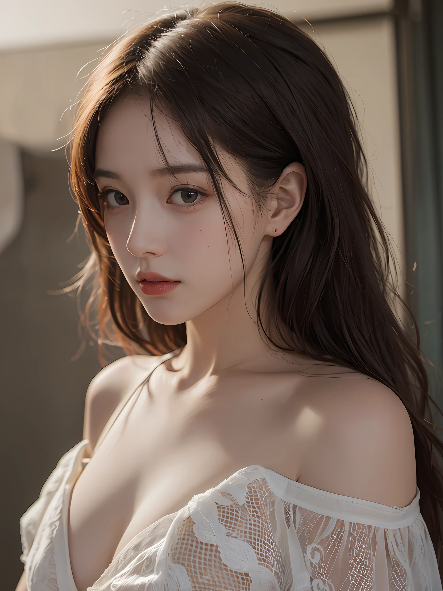 Best quality, masterpiece, ultra high res, (photorealistic:1.4), raw photo, 1girl, off shoulder, cinematic lighting --auto --s2