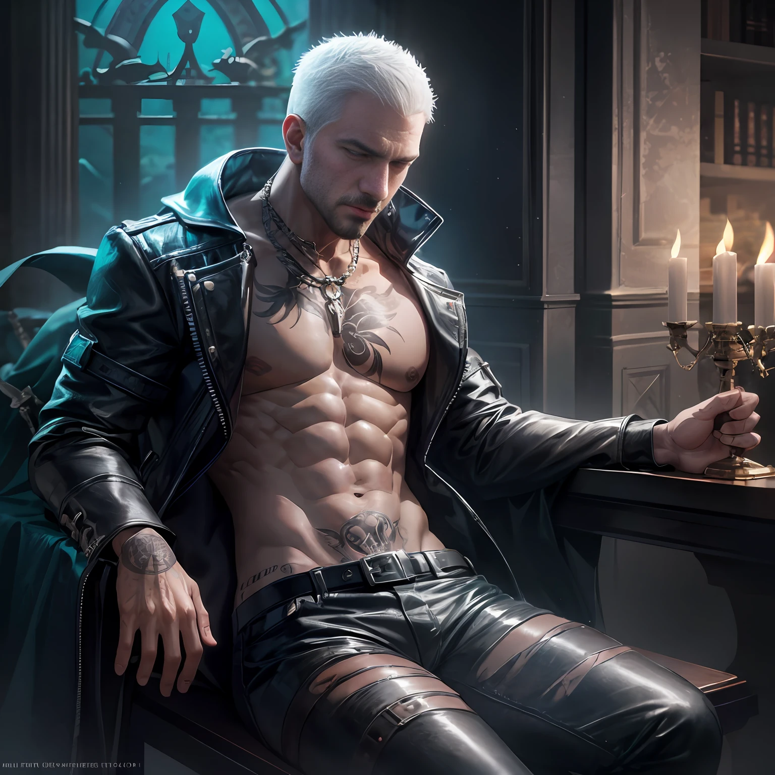 (best quality, masterpiece, extremely detailed, high resolution, 4k, CG, UHD), (dark fantasy), ((1male)), full shot, lord of corruption, male body covered in corruption marks tattoo, bald men, men wearing only black leather pants topless, inside dark gothic castle, castle placed in hell, tael glowing cracks, sitting on throne, teal energy magic swirling around, depth of field, volumetric lighting, dark scene,