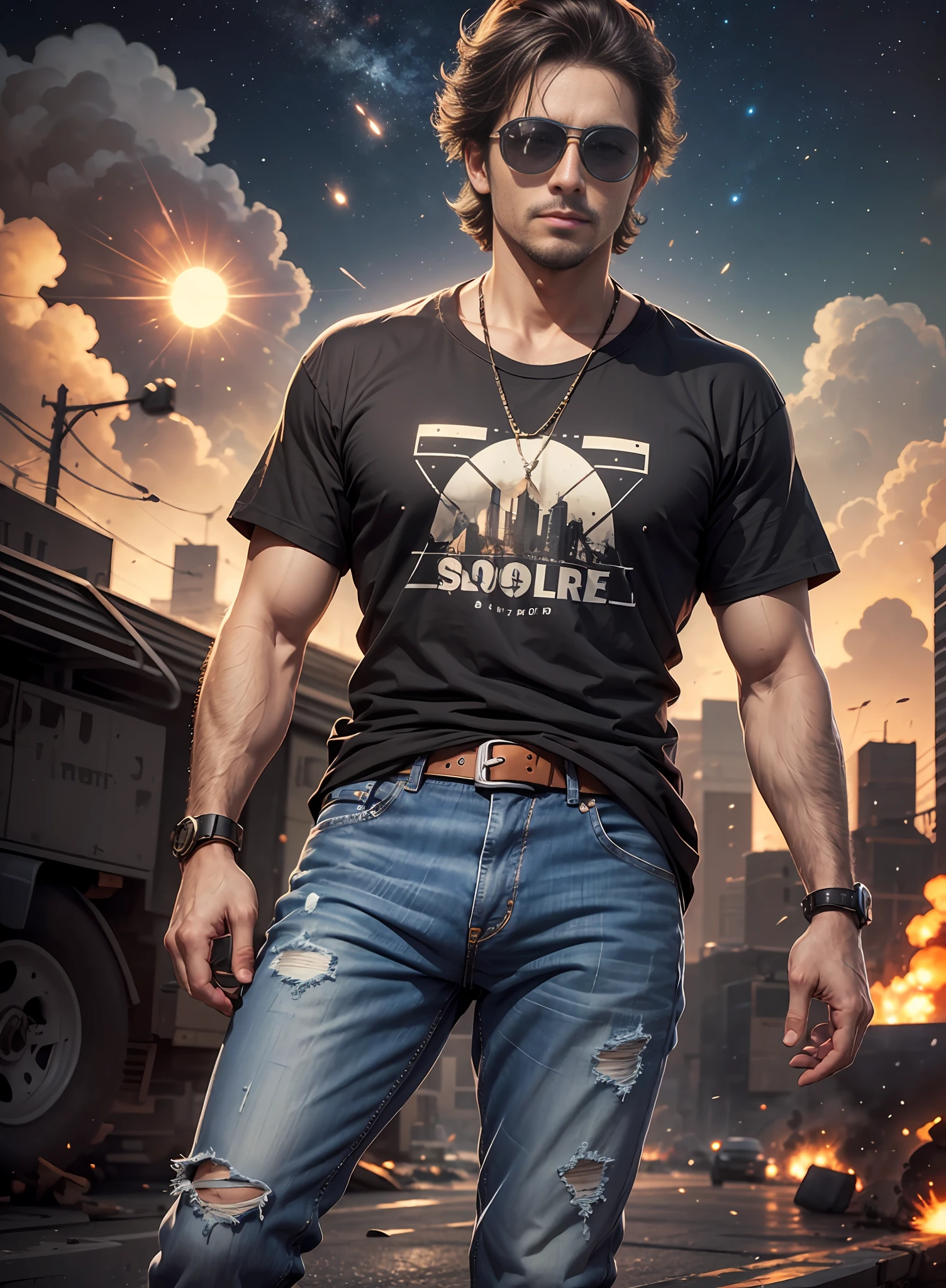 80s man, middle hair, oculos de sol, jeans, 1 cinto preto, casaco longo, t-shirt longa, rivets, coldre, rivets, just one body, vista frontal, noite, explosions behind, dispara arma grande.
