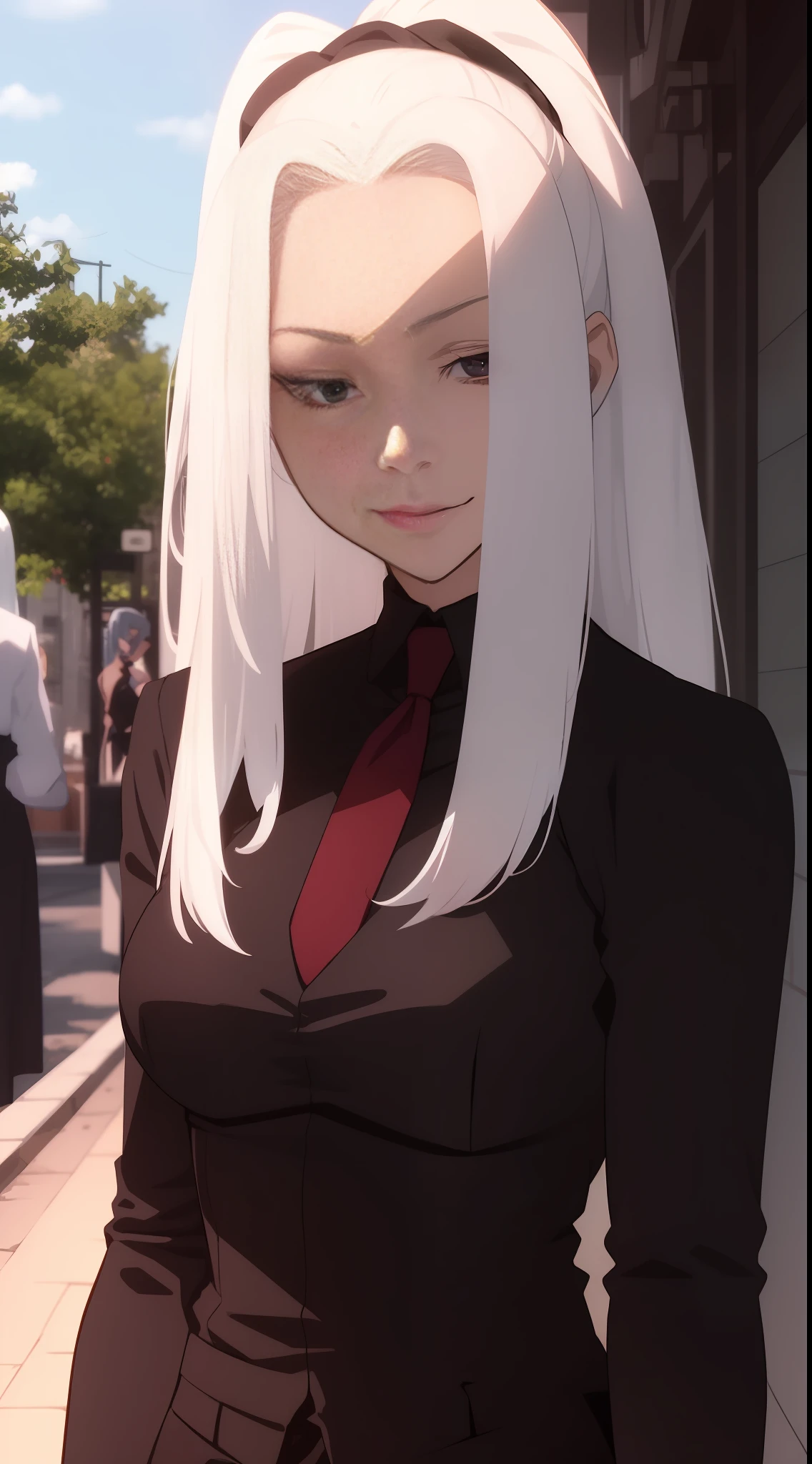 ( woman solo)a woman , anime screencap, suit ， perfect face, long length slick white hair, pulling the move'derp banshee ', long raven hair, crows, squinting at high noon, [sirius], elegant woman, jk uniform, aliased, eeire mood, ilya, nagel