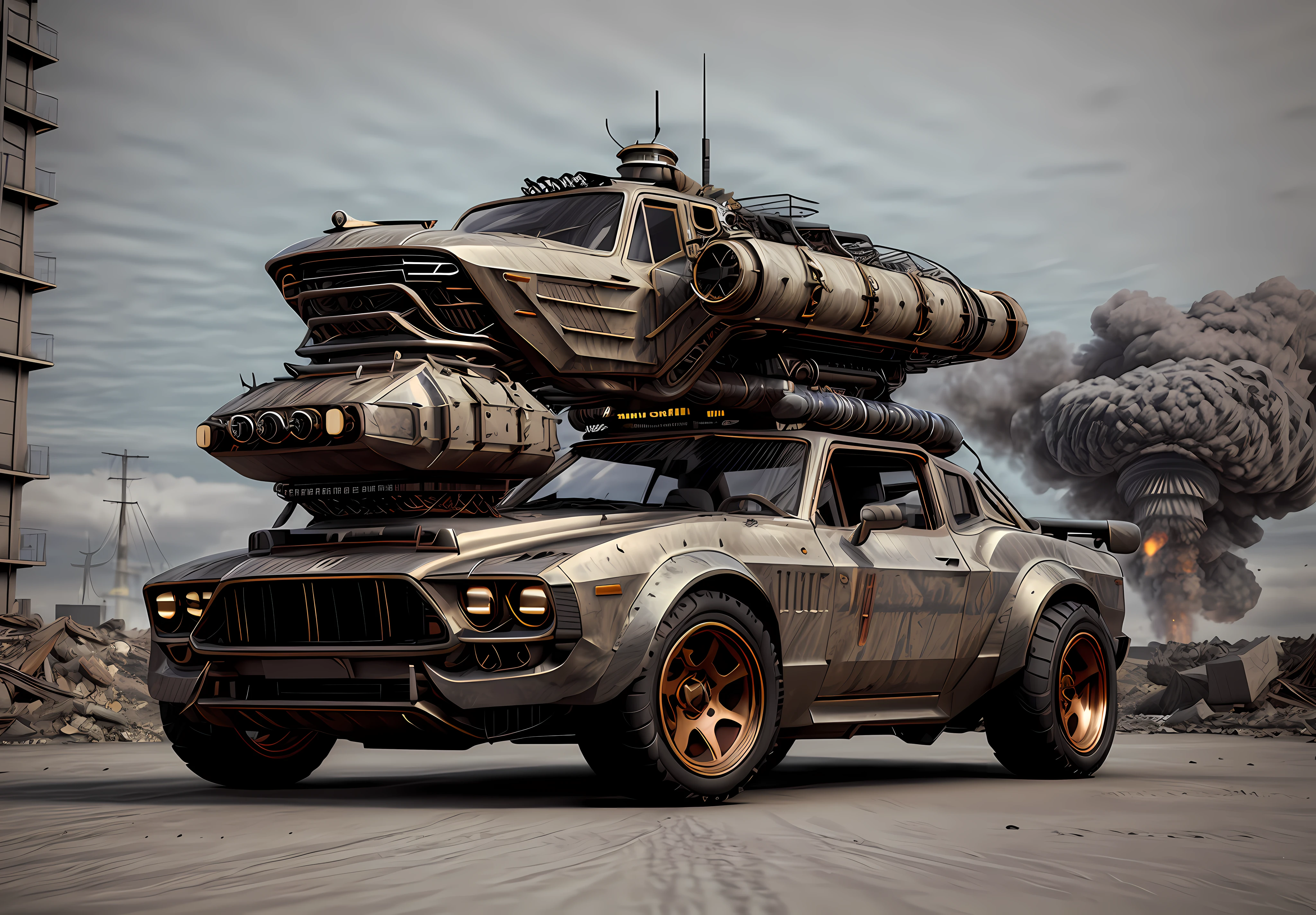Hay un coche con una armamento encima, Cannons, bombas nucleares, and apocalyptic destruction, vivid steampunk concept, Steampunk renderizado en 3D, 3D render estilizado, coche steampunk, colorful sci-fi steampunk, Render Art Nouveau Octane, Renderizado 3D estilizado, Renderizado 3D hiperdetallado, Renderizado 3D hiperdetallado, Surrealista 3D render, Renderizado 3D Arte Digital