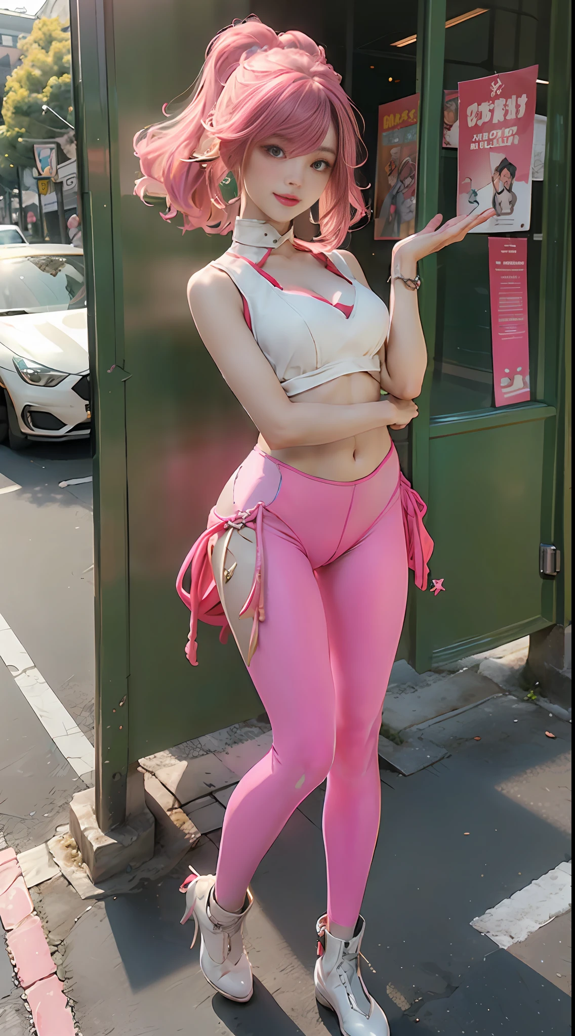 walking down the street, pink color, head and full body, Extremely cute human girl, legs with hard white shiny shell, very beautiful and feminine, short, petite, small, small, busty buttocks, medium bust, cleavage display, flat belly display, partial helmet with antenna on the ear, very stylish, award-winning product design, rubber tights, The shiny breastplate opens at the cleavage and abdomen, stylish, glowing trims