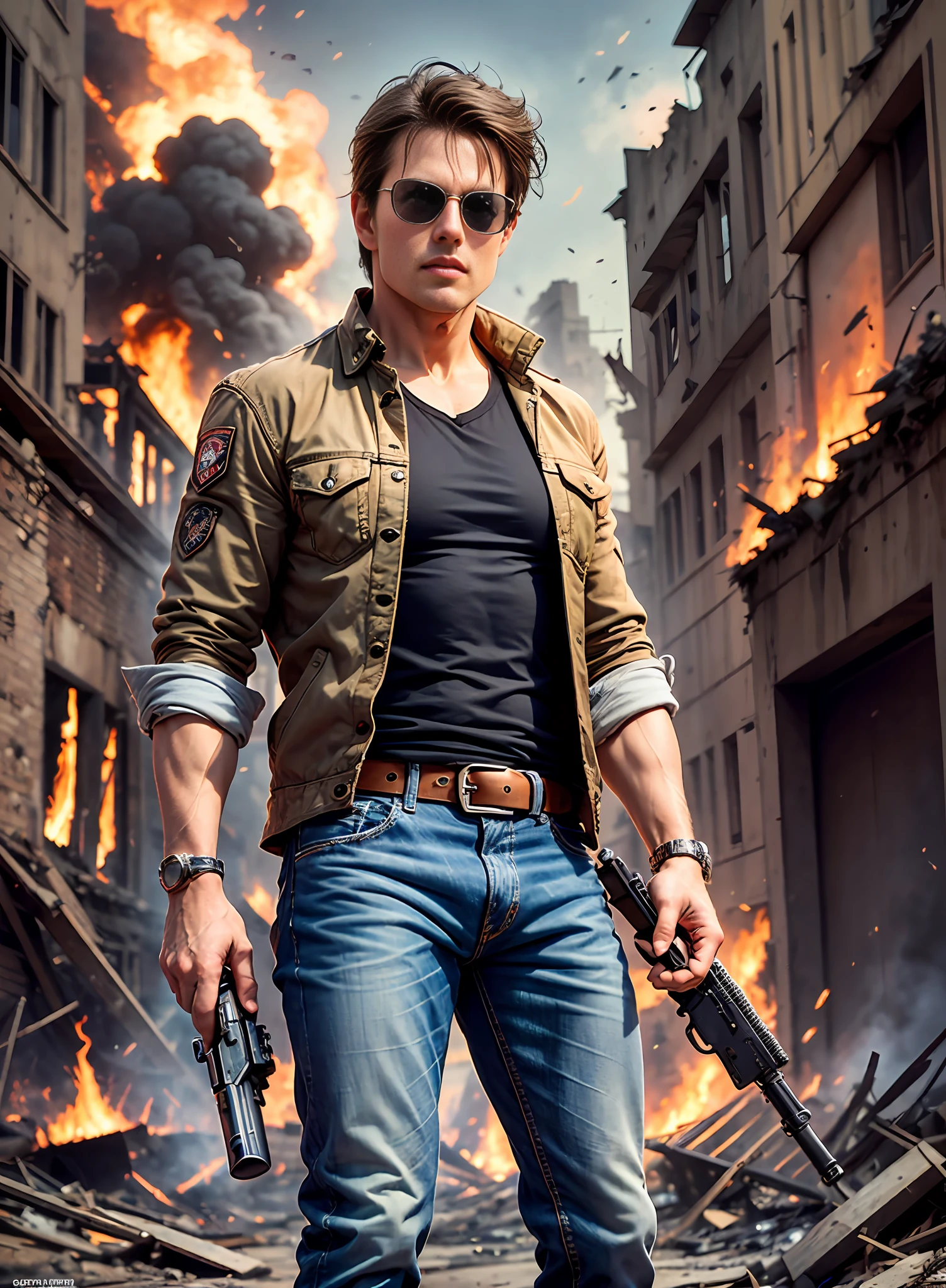 tom cruise, average hair, sunglasses, jeans, 1 belt, holster, rebites, capa preta longa, just one body, big gun in the hands, in the ruins, explosions behind, fire behind, vista frontal