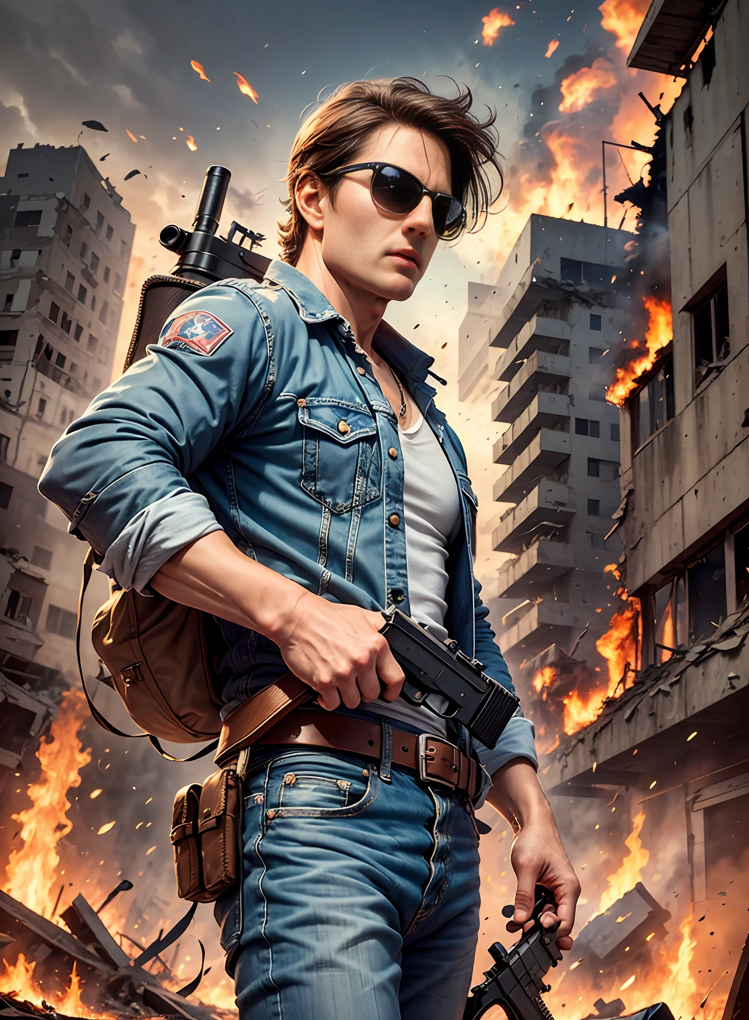 tom cruise, average hair, sunglasses, jeans, 1 belt, holster, rebites, capa preta longa, just one body, big gun in the hands, in the ruins, explosions behind, fire behind, vista frontal