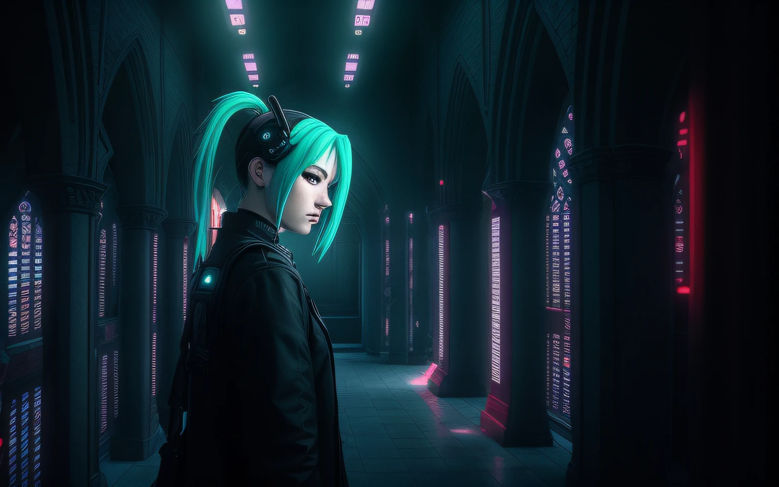 Dark portrait of Marvel's Bloody Miku Hatsune with intricate angled cybernetic implants inside brutalist building, gothic brutalist cathedral, cyberpunk, award winning photo, bokeh, neon lights, cybernetic limb