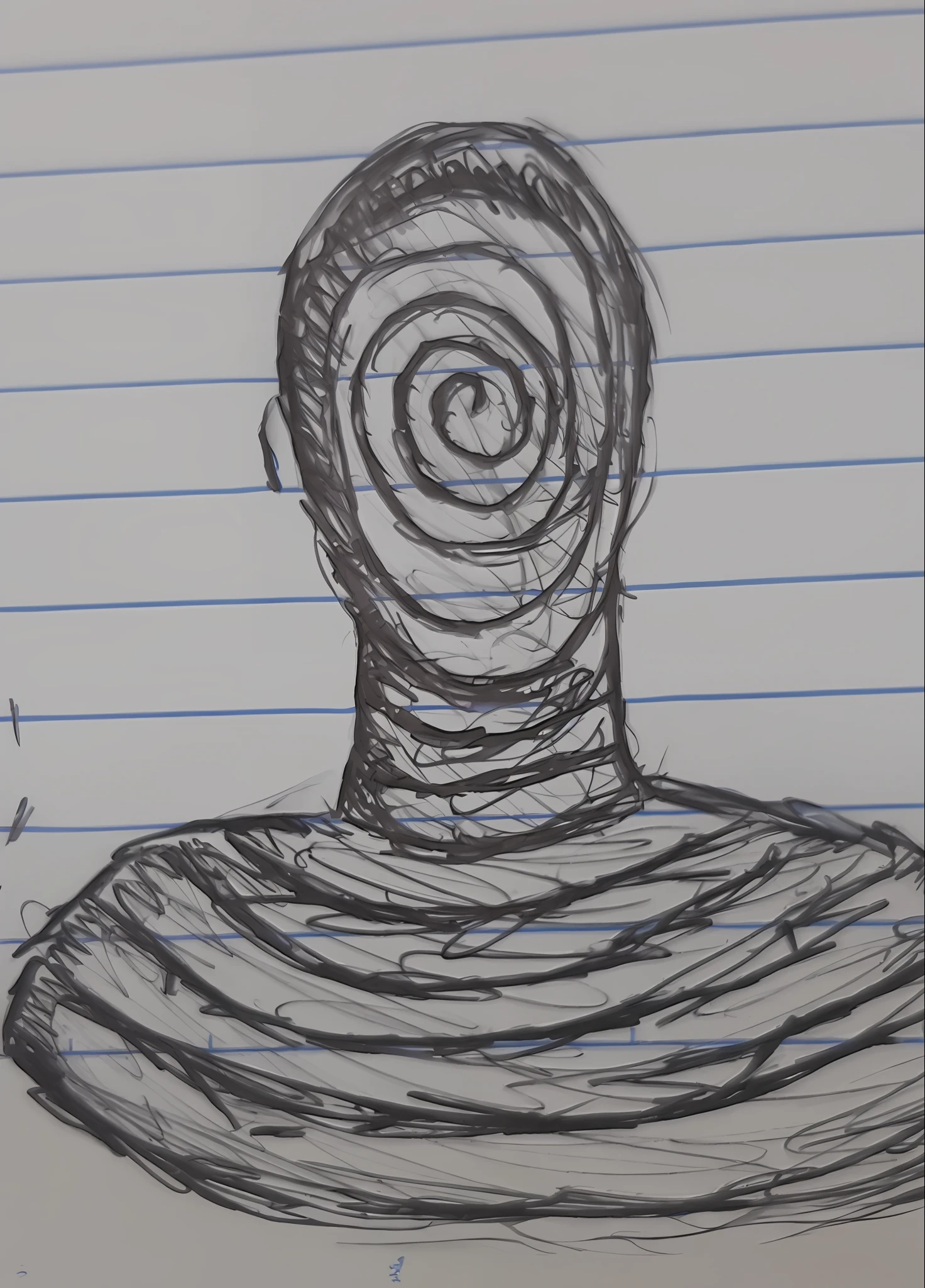 drawing of a man with a spiral head on a notebook paper, Doodle em sala de aula, desenhado em papel, caneta sobre papel, rabiscos estranhos, pencil doodle, evil inky swirly ripples, Deus torcido sem rosto, scribble sketch, sketch of a lucid dream, inspirado em Henry Moore, on a notebook page, detailed unblurred face