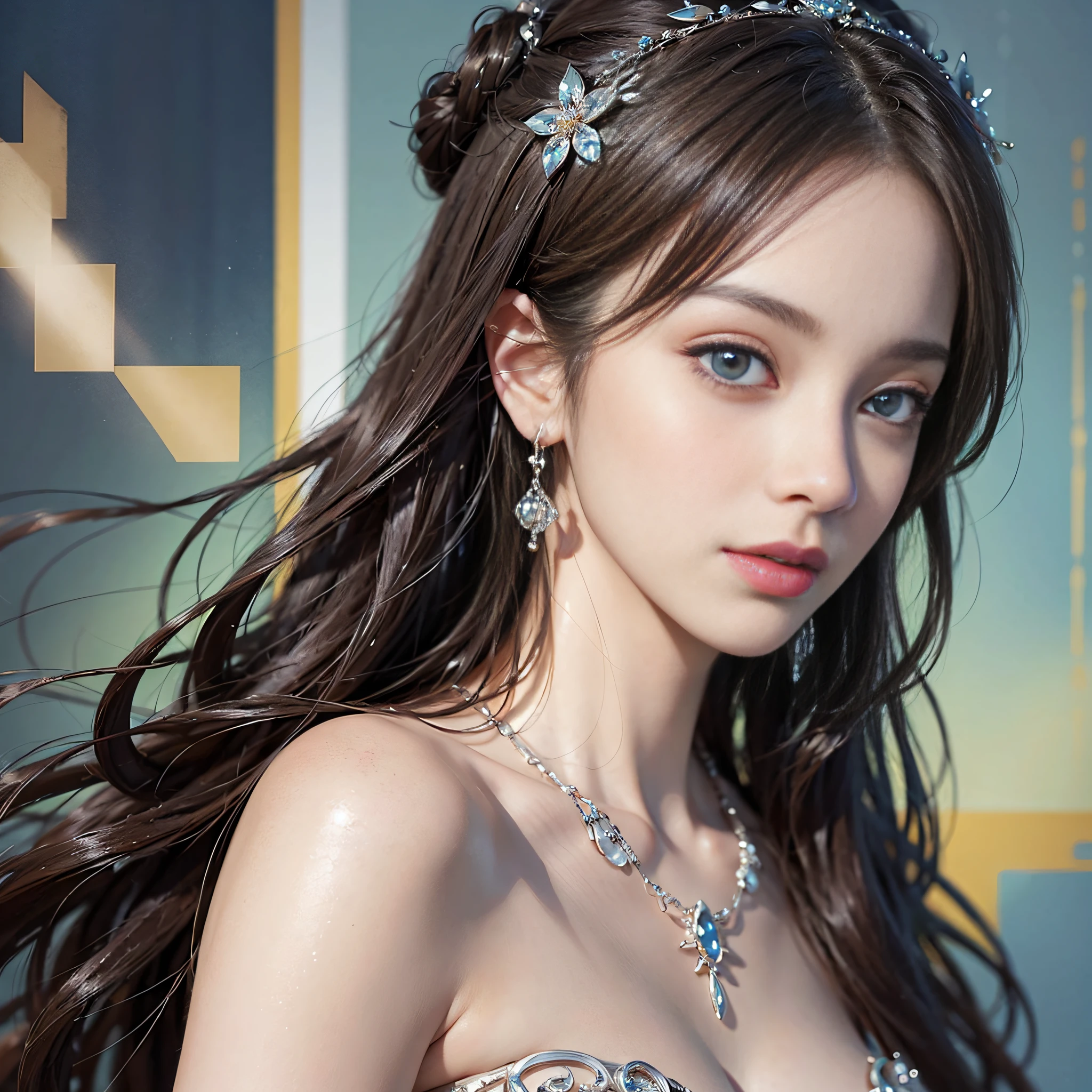 (A Masterpiece)、(maximum quality)、(Realistic)、Charming daughter、Portrait of a beautiful girl、1女の子、Transparent eyes、beautifuldetailedeyes、Glitter eyes、Glowing eyes、flawless face、Perfect eyes、Perfect iris、Perfect lips、perfect teeth、flawless skin、Beautiful nose、Beautiful mouth、Pretty lips、fine-grained skin、portrait shooting、Professional artwork、in 8K、photo-realistic、long dress、Elegant face、flawless anatomy、Perfect female body:1.4、Ultra-realistic painting:1.4、Ultra-precision painting:1.4、xd:1.4、hq、RAW Photography、necklaces、earings、female goddess、fantastical、