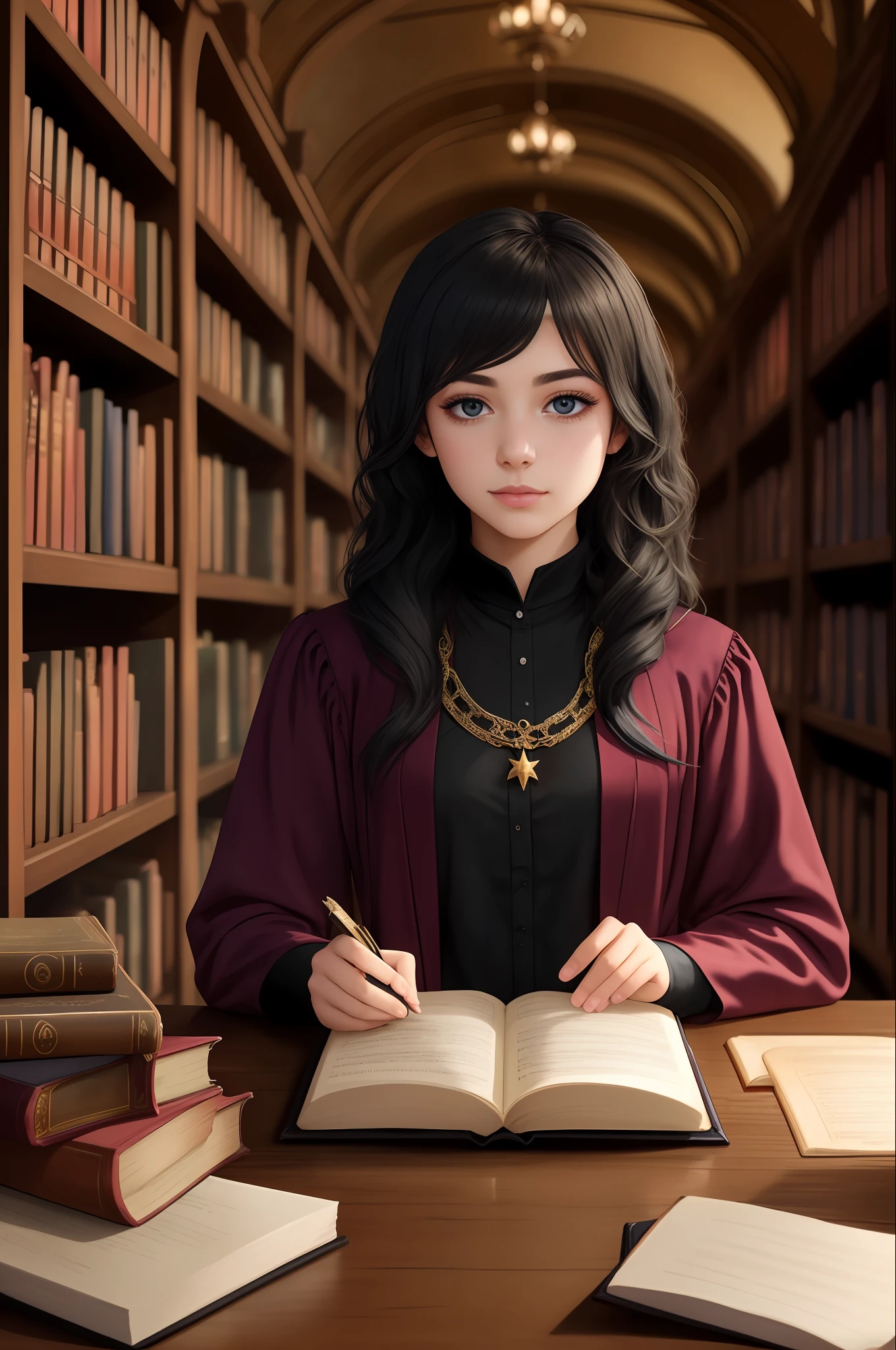 A photo of a beautiful magical academy student with ombré hair, immersed in her studies in the enchanting atmosphere of an ancient library filled with spell books and magical artifacts.