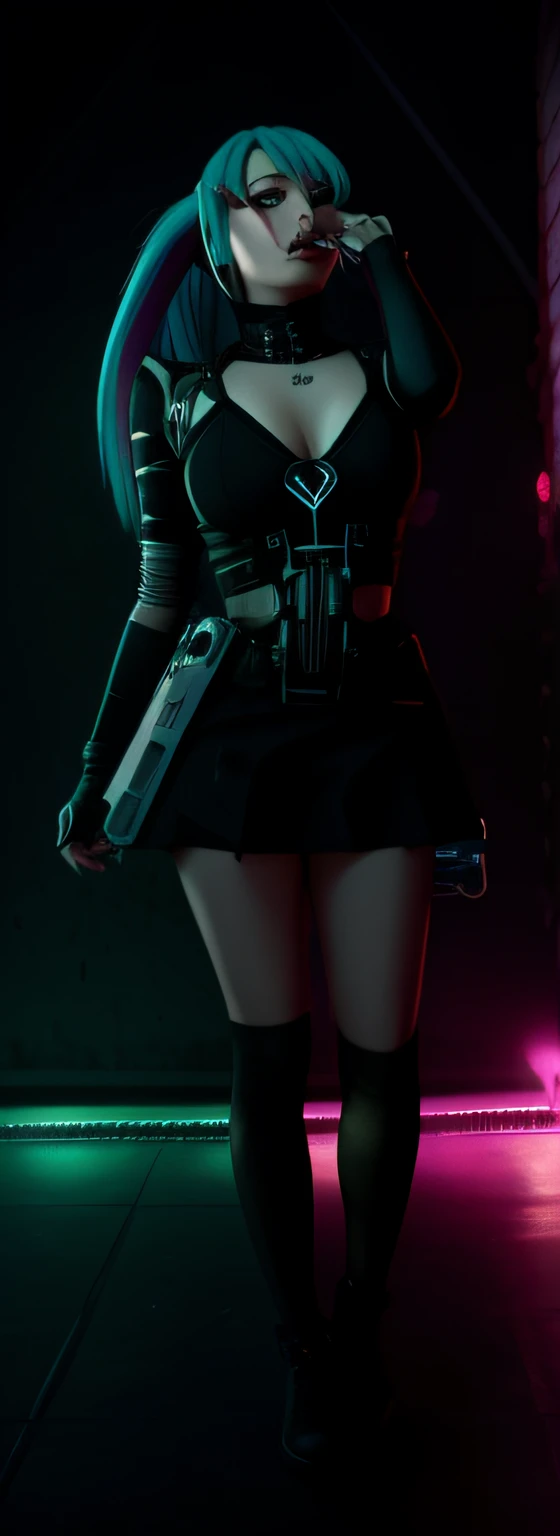 Dark portrait of Marvel's Bloody Miku Hatsune with intricate angled cybernetic implants inside brutalist building, gothic brutalist cathedral, cyberpunk, award winning photo, bokeh, neon lights, cybernetic limb