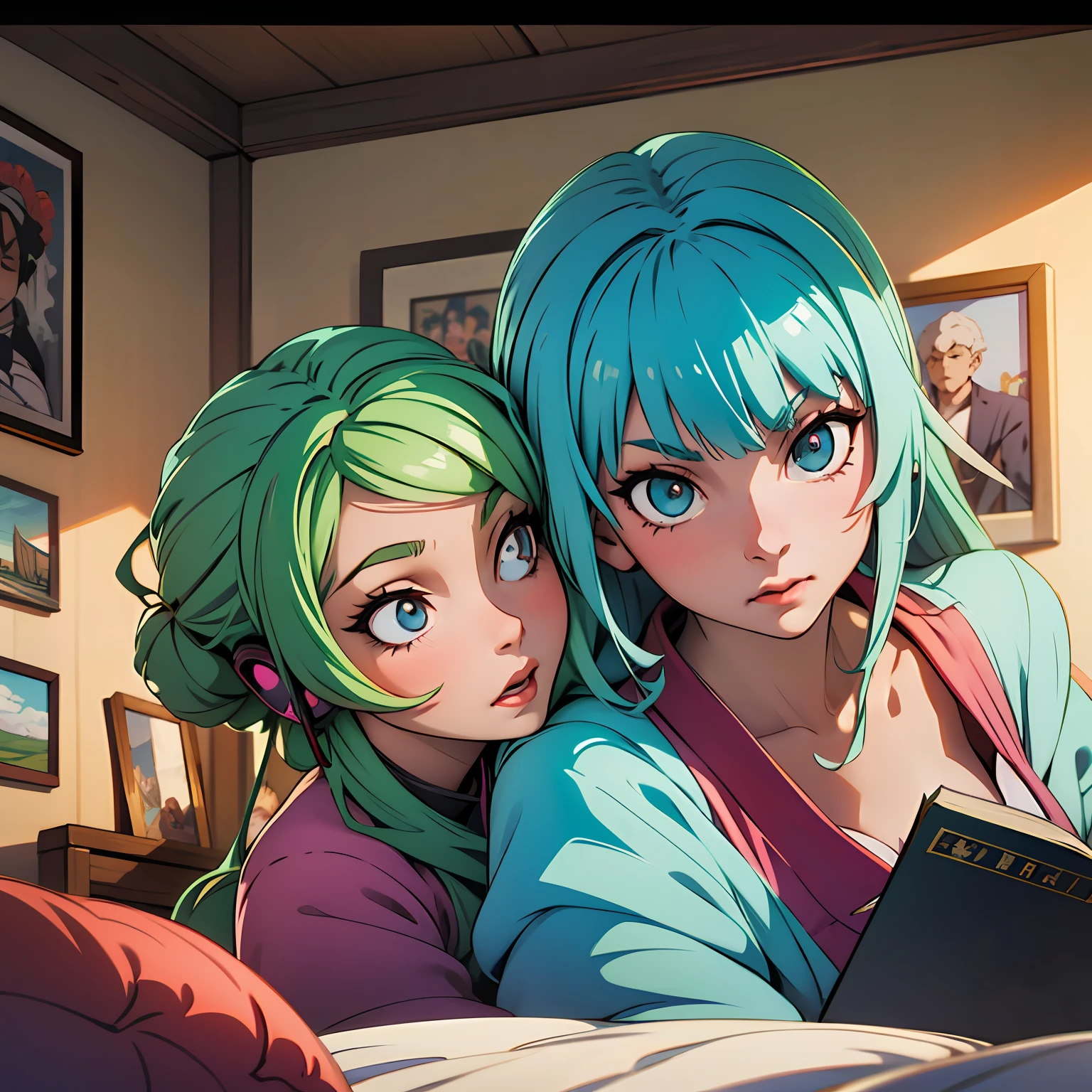 garotinha sentada em um quarto cheio de livros, com fones de ouvido, uma cidade japonesa, cidade do oriente asiatico, dia ensolarado com arvores rosas, em 4k, alta qualidade, obra prima, melhor qualidade,, anime ghibi style version, anime, --auto