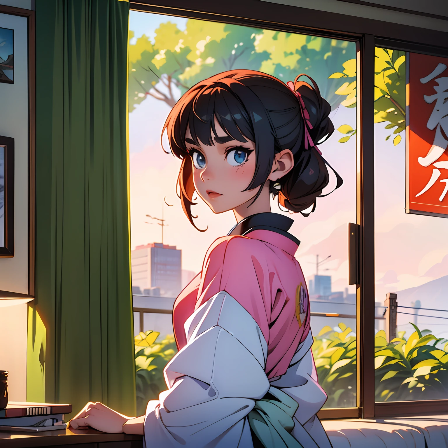 garotinha sentada em um quarto cheio de livros, com fones de ouvido, uma cidade japonesa, cidade do oriente asiatico, dia ensolarado com arvores rosas, em 4k, alta qualidade, obra prima, melhor qualidade,, anime ghibi style version, anime, --auto