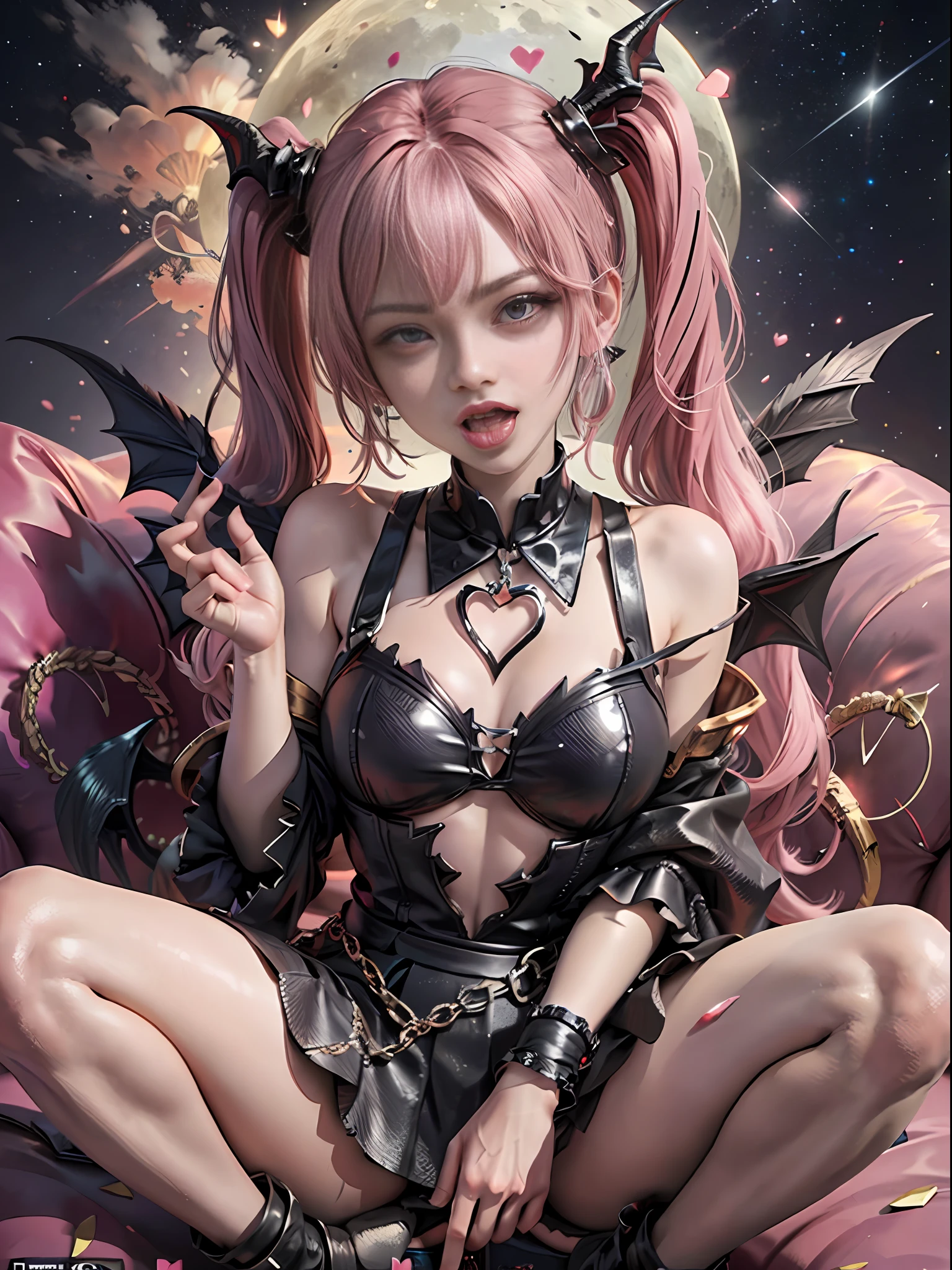 Pink hair。twintails。miniskirts。earings。demon wings。Fallen angels。Yami Ochi。Evil Sickness。devil。cosmos。Lunar surface。Heart-shaped chest。Heart logo。blind fold。Open mouth。tongue out。perspiration。droolng。Licking fingers。Put your finger in your mouth。Spread your legs on the sofa。
