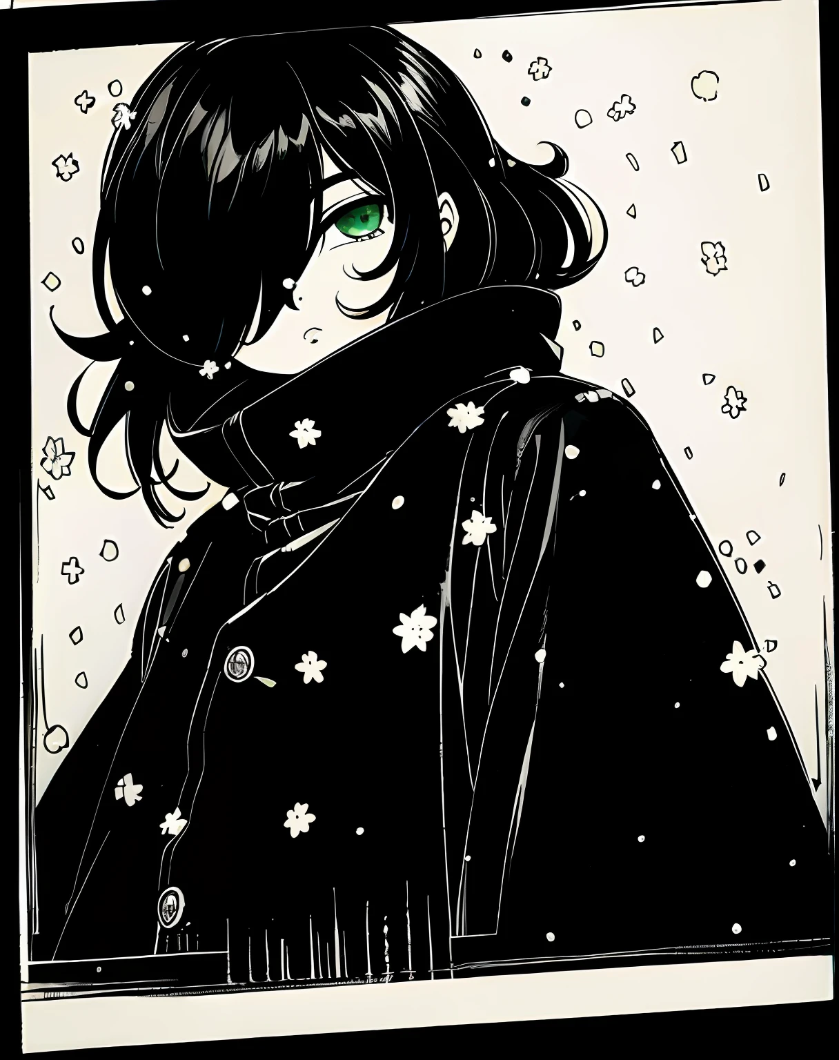Kuroki-Tomoko wearing casual winter clothes on the street, (snowing), VHS, white background, vintage, (hair covering eyes), ((hair over one eye)), black coat, manga style, ((monochromatic)), green eyes