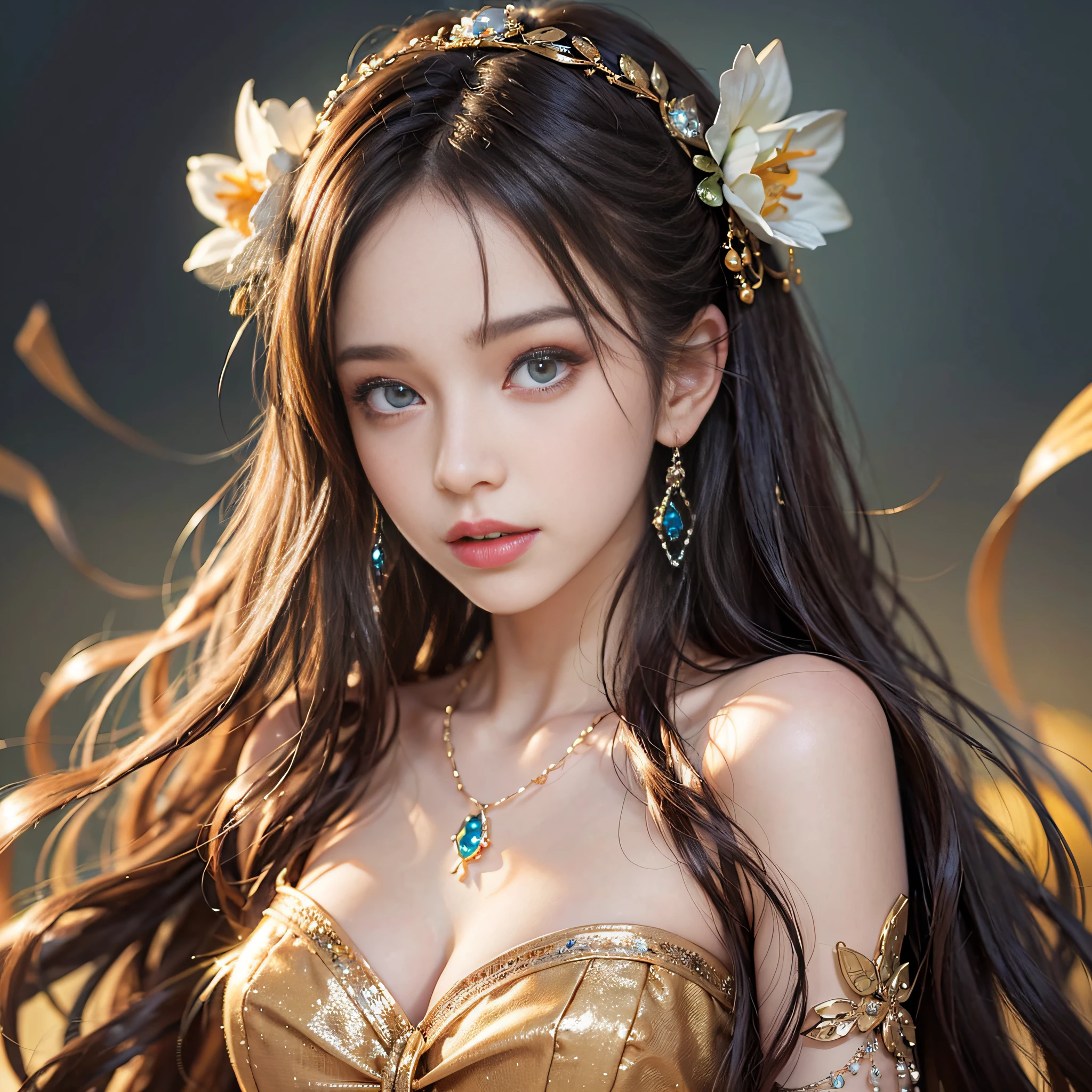 (A Masterpiece)、(maximum quality)、(Realistic)、Charming daughter、Portrait of a beautiful girl、1女の子、Transparent eyes、beautifuldetailedeyes、Glitter eyes、Glowing eyes、flawless face、Perfect eyes、Perfect iris、Perfect lips、perfect teeth、flawless skin、Beautiful nose、Beautiful mouth、Pretty lips、fine-grained skin、portrait shooting、Professional artwork、in 8K、photo-realistic、long dress、Elegant face、flawless anatomy、Perfect female body:1.4、Ultra-realistic painting:1.4、Ultra-precision painting:1.4、xd:1.4、hq、RAW Photography、necklaces、earings、female goddess、fantastical、
