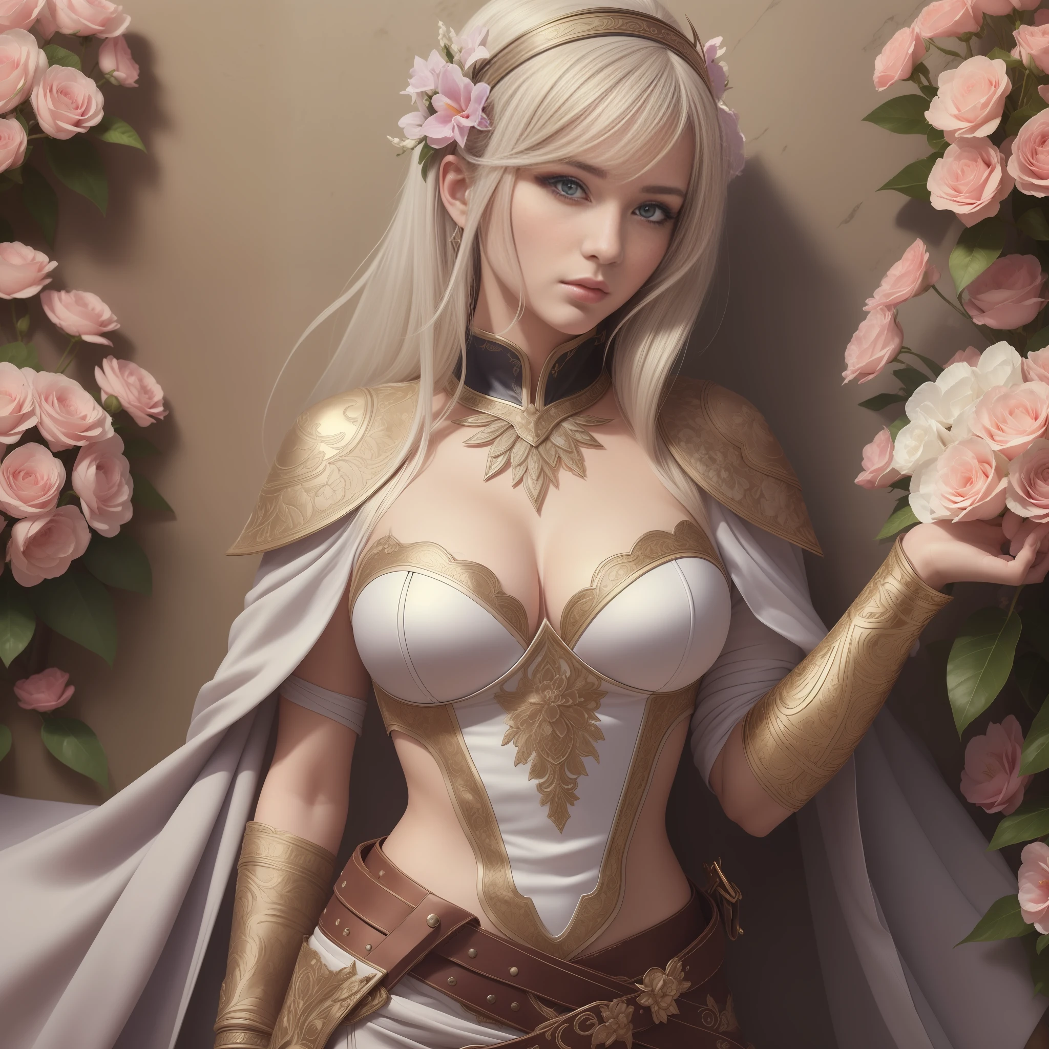 (((masterpiece))), (((best quality))), ((ultra-detailed)), (illustration), 1girl, beautiful detailed eyes, white and metal intricate fantasy ranger attire, high quality cloth, expensive cloth, high resolution cloth texture, detailed folds and wrinkles, cleavage, dynamic pose, cowboy shot, glow. wall paper, flowers, Plumeria, wall of flowers