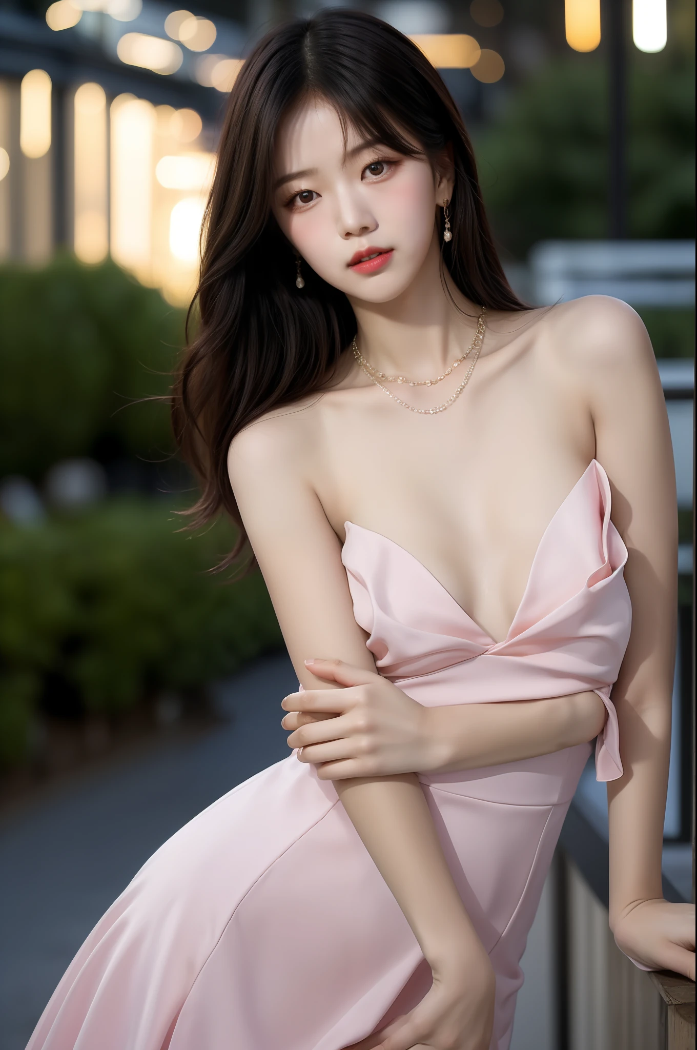 Full body photo of Korean girl,(Perfect beauty:1.37),((Platinum brown hair)),medium(((Perfect natural breasts))),,((dynamic posing)),
Sexy collarbone,Oval face,Double eyelid,Clever peach blossom eyes,redish pink lips,Small Nose,hair bangs,(standing a),ear rings,Ribbon necklace,
naked shoulders, (((Light yellow chiffon summer dress))), (out door, night time, bokeh:1.125), Park view, Ultra-fine face, finely eye, Double eyelid,
(Clear focus), (Realistic lighting, bestbestquality, 8K, A Masterpiece: 1.43),