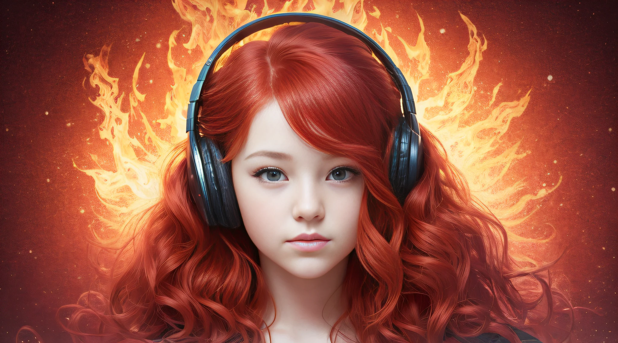 girl CHILD , PORTRAIT STYLE, with headphones holding a Pink Floyd album, The Dark Side of the Moon, with red hair and jewelry posing for a photo, very long wavy fiery red hair, orange skin and long burning hair, long curly red hair, bright long red hair, long stream of red hair, fiery red hair, big wavy red hair, red hair and attractive features, red curly hair, flowing orange hair, very long flowing red hair, flowing red hair
