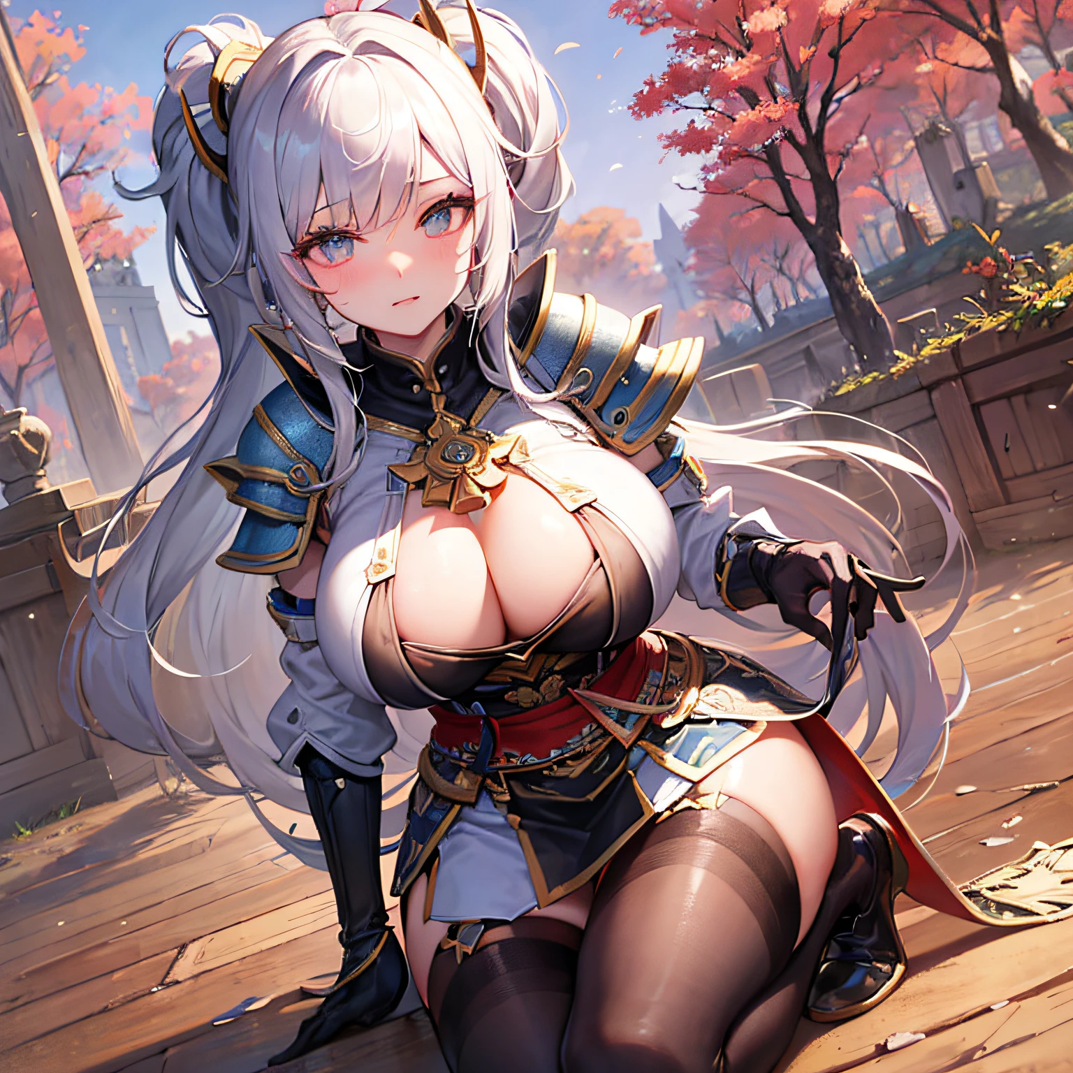 Peerless beauty,Perfect slim body,Mature royal sister face,Double ponytail curls,Knight armor,Sexy and seductive,Nice face,Full body like,4K quality,Feminine expression,Blush shyness,Star-like deep eyes,Huge breasts,short miko skirt,Knife pulling posture。Overflowing bust,Fight Warcraft,speed lines,the best quality t,A Masterpiece,Magnificent background,On the battlefield,Clothes are broken