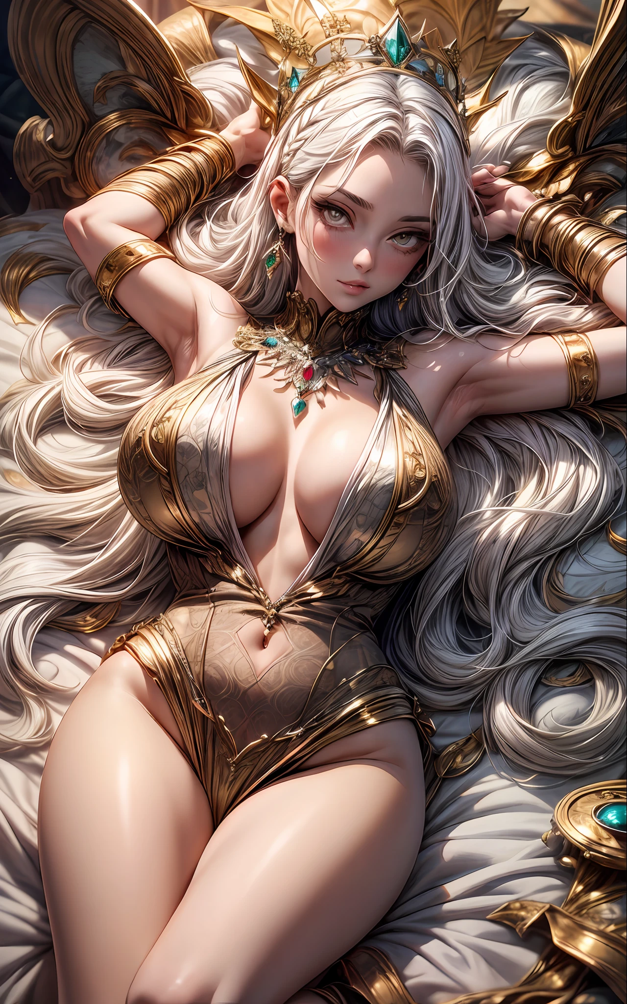 Full female body, lying on the bed, (((Multicolor hair, [white colored hair])))), Ultra Realistic 8k CG, Perfect Face, Flawless, Bright Golden Eyes, Clean, Masterpiece, Professional Artwork, Famous Art, cinematic lighting, Cinematic Flower, Perfect Face , beatutiful face, Beautiful eyes, (((perfect female body, Narrow waist))), beautiful queen, royal, divine, Goddess, (royal palace), fantasy, dreamlike, unreal, Sci-fi, (huge breast), beautiful clothes , Lace, lace trims, lace clothing, lace clothing, NSFW, Chest Out, absurdly long hair, Very long hair, (rich: 1.4), prestige, luxury, Jewelry, diamond, gold, pearls, gem, sapphire, ruby, emerald, intricate detail, delicate pattern, Sexy, enchanting, alluring, alluring, Erotic, enchanting, hair ornament, Necklace, earings, bangle, bangle, looking at viewer, Unbeatable Masterpiece, Ultra Realistic 8k CG, Perfect Art, Super Detailed Rendering, Masterpiece, HighQuality, Hi-Res, Detail maniac, high definition, HighQuality, Detailed face, Detailed Body Limbs, sleeveless shirt, No Zipper Jacket, No Bra , no panties, bare chest, Blush, white stockings, see-through clothing, exposed pubic hair, camel toes, well-detailed breasts, Beautiful female body, Full Body, a woman, lying on the bed, Bright Golden Eyes, full body in seductive motion , bare chest, well-detailed breasts,shining black and gold eyes,