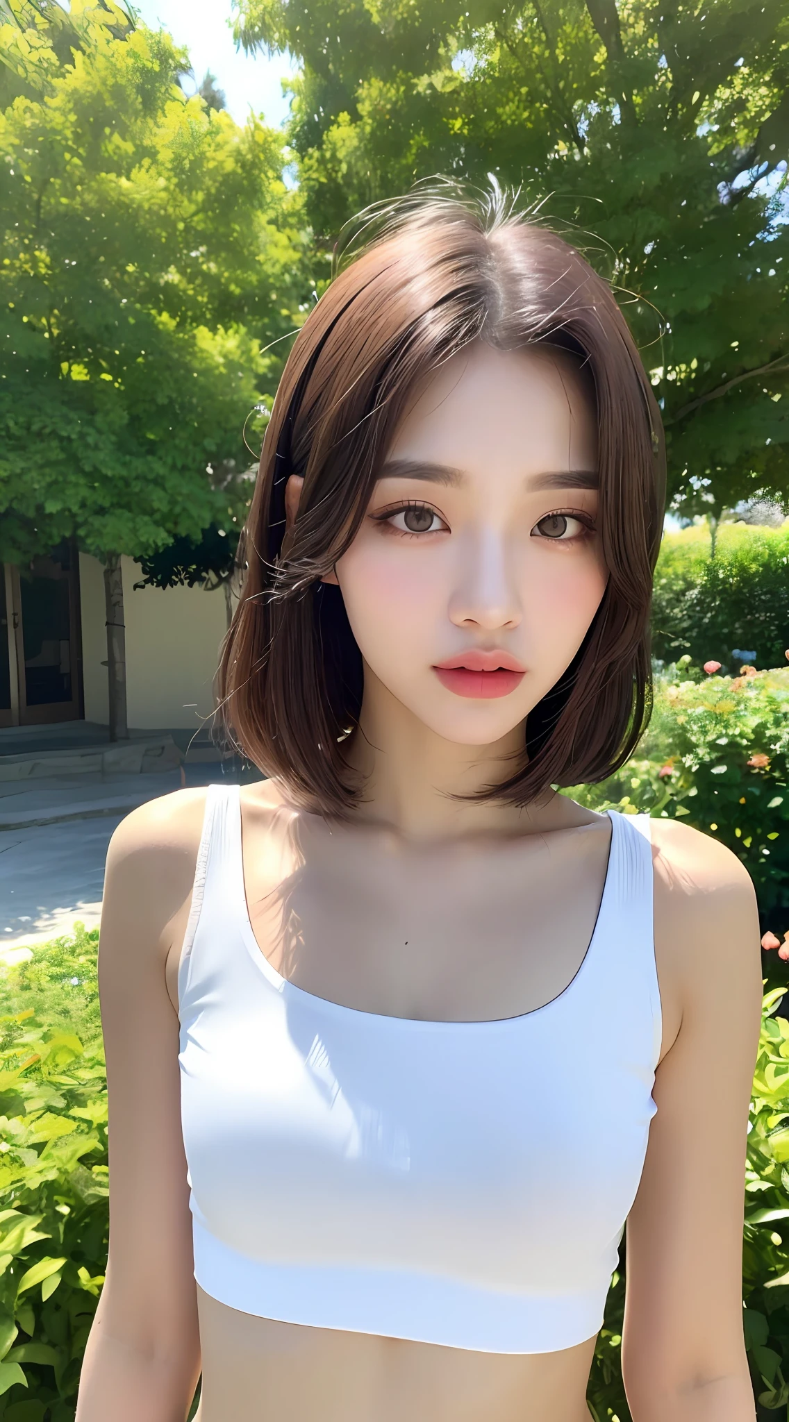 ((Realistic Lighting, Top Quality, 8K, Masterpiece: 1.3)), Clear Focus: 1.2, 1 Girl, Perfect Beauty: 1.4, Slim Abs: 1.1, (((Dark Brown Hair)), (White Crop Top: 1.4), (Flower Garden, Outdoor, Night: 1.1), Park View, Super Fine Face, Narrow Eyes, Double Eyelids,