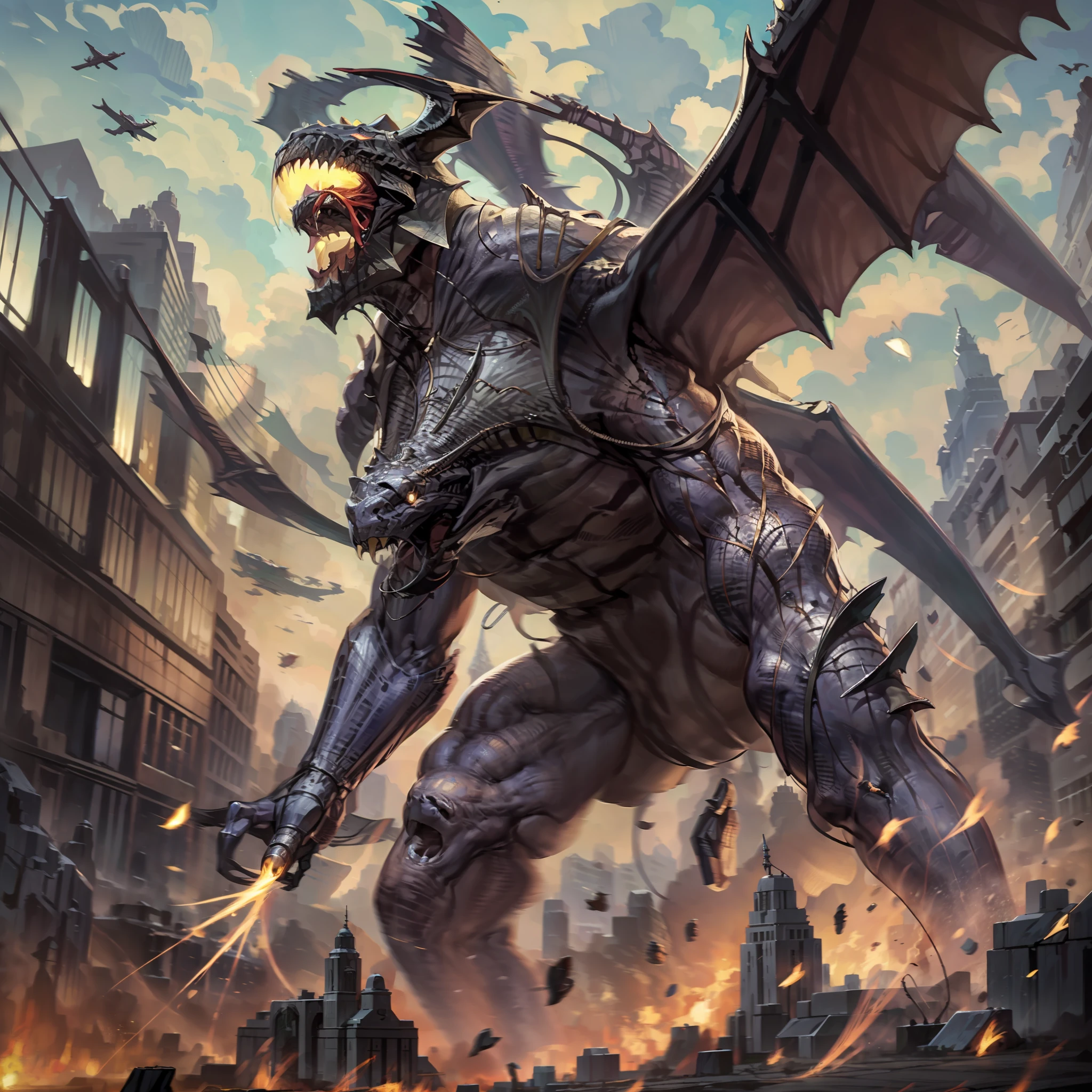 Gigantic Humanoid female bat monster , Buildings for comparison , Fighter planes ,masterpiece , great details , scary , monster .