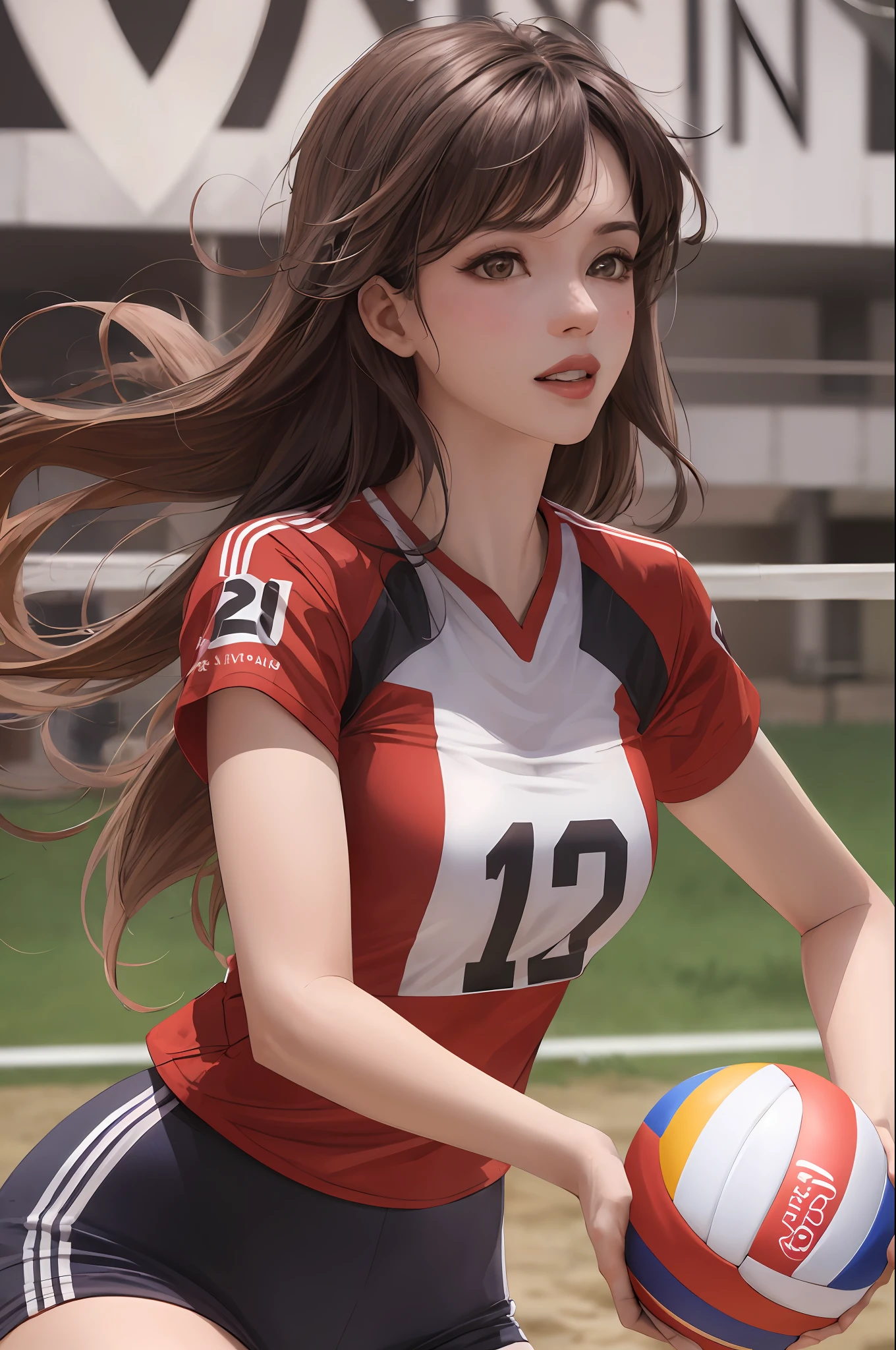 obra-prima: 1.2, melhor qualidade), realista, (imagem real, detalhes intrincados, profundidade de campo), (1girl, solo), maquiagem, lips half-open, altamente detalhado, rosto perfeito, (seios enormes: 1.4), (skindentation ), coxas grossas, quadris largos, cintura fina, alta, bright coral lips, cabelos ruivos, olhos vermelhos, rabo de cavalo, (A girl playing volleyball, red volleyball uniform), (suor: 1,2), (molhado), sexy, corando,