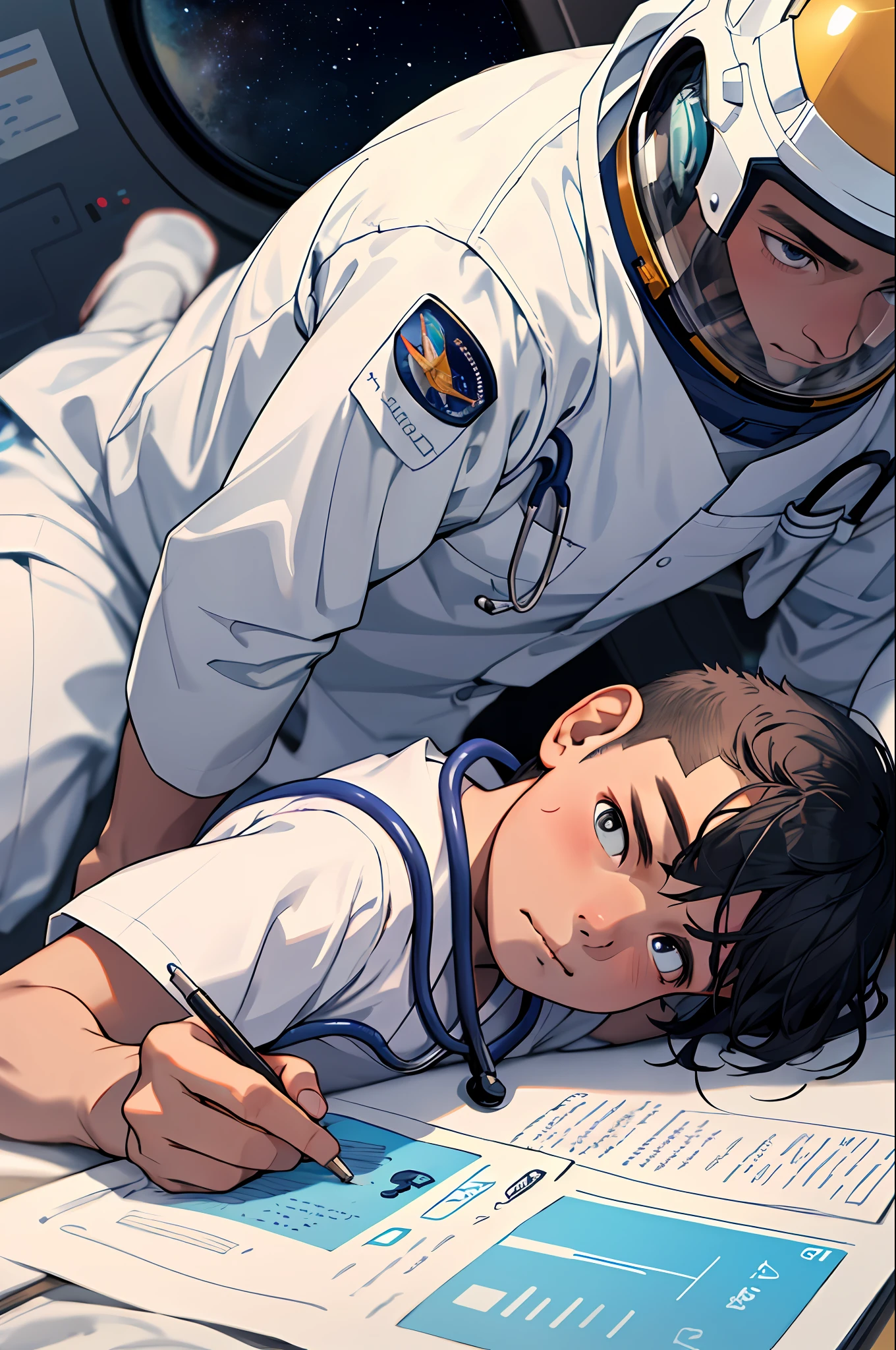 Desenhe um jovem sonhador pensando em seu futuro, a five-year-old thinking about life lying in his bed, among the options est writer, astronauta, medical doctor.