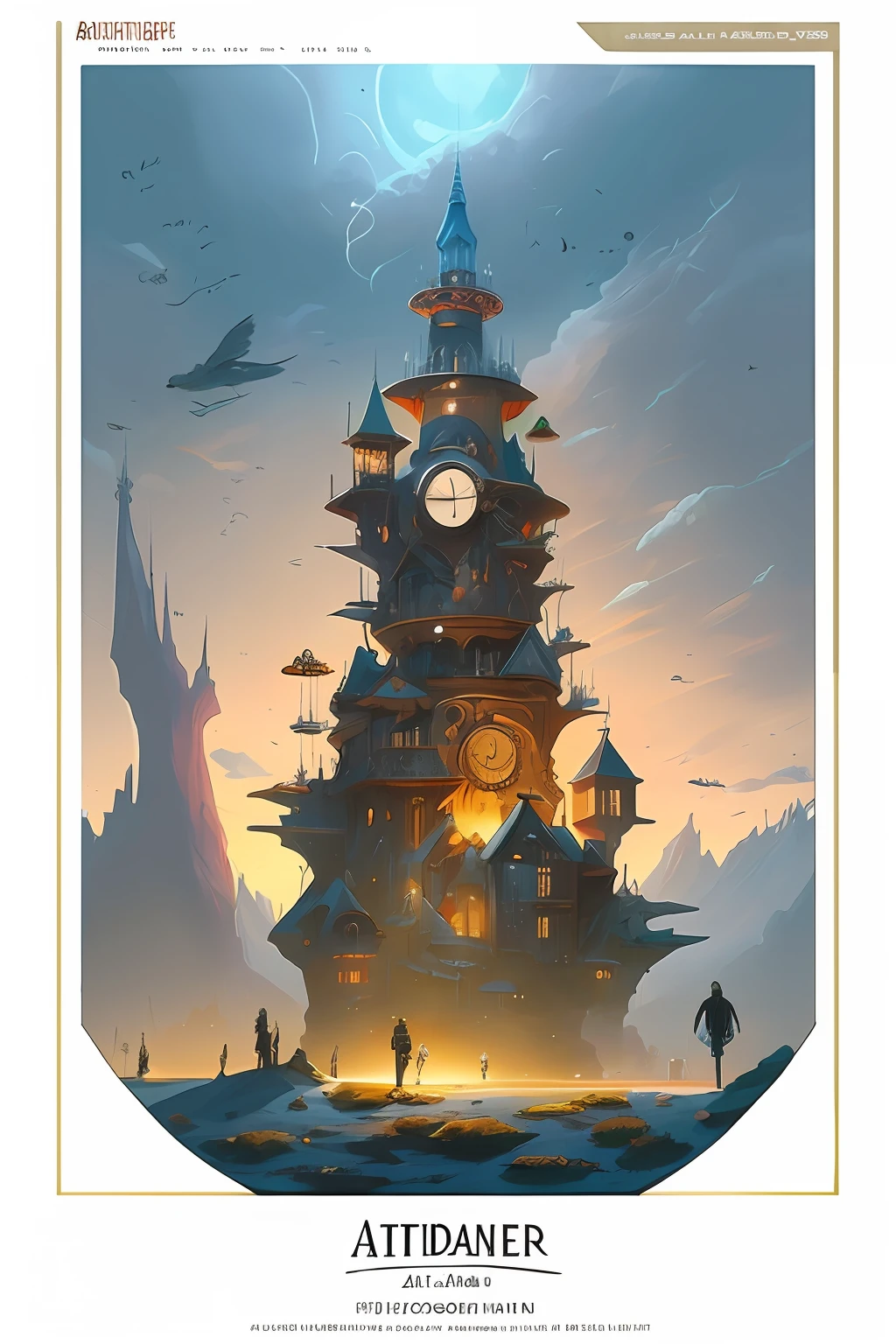there is a large tower with a clock on it in the sky, Estilo Andreas Rocha, Vencedor do concurso Artstation, bordas ornamentadas + arte conceitual, inspirado em Andreas Rocha, Torre Steampunk Gigante e Imponente, illustration concept art, concept art illustration, Arte conceitual da torre medieval gigante, cloud palace, Silvain Sarrailh, arte conceitual | RHADS