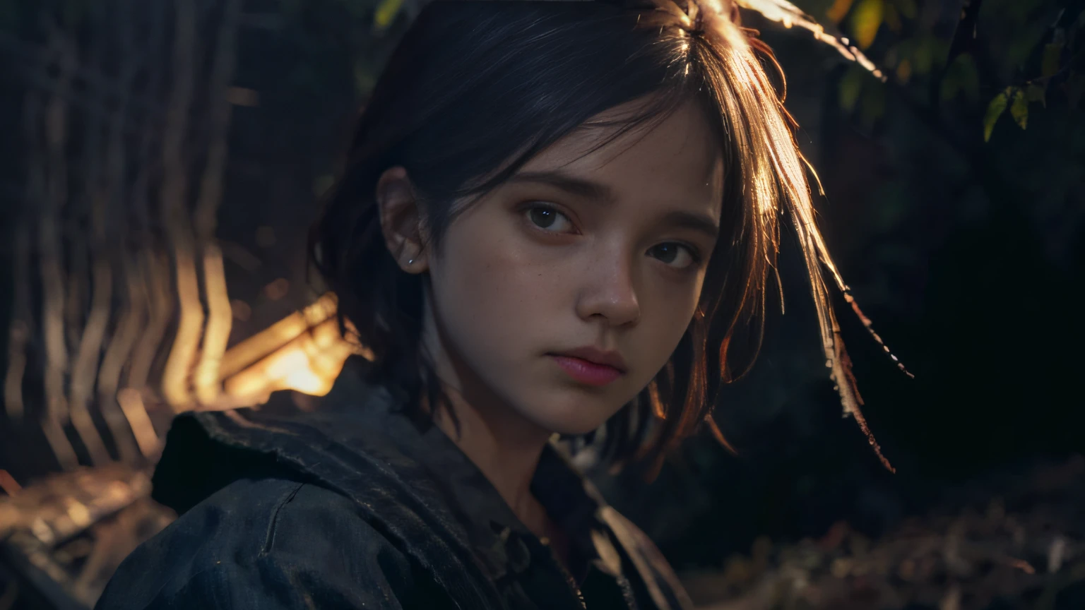 Mulher cabelo longo preto, Moleton Marrom, mochila marrom, jean pants, Forest destroyed, Hyper realistic cinematic lighting super details skin texture is a lot of detail, chovendo, chuva intensa, noite, survival, destruction, 8k, Ultra HD | | |