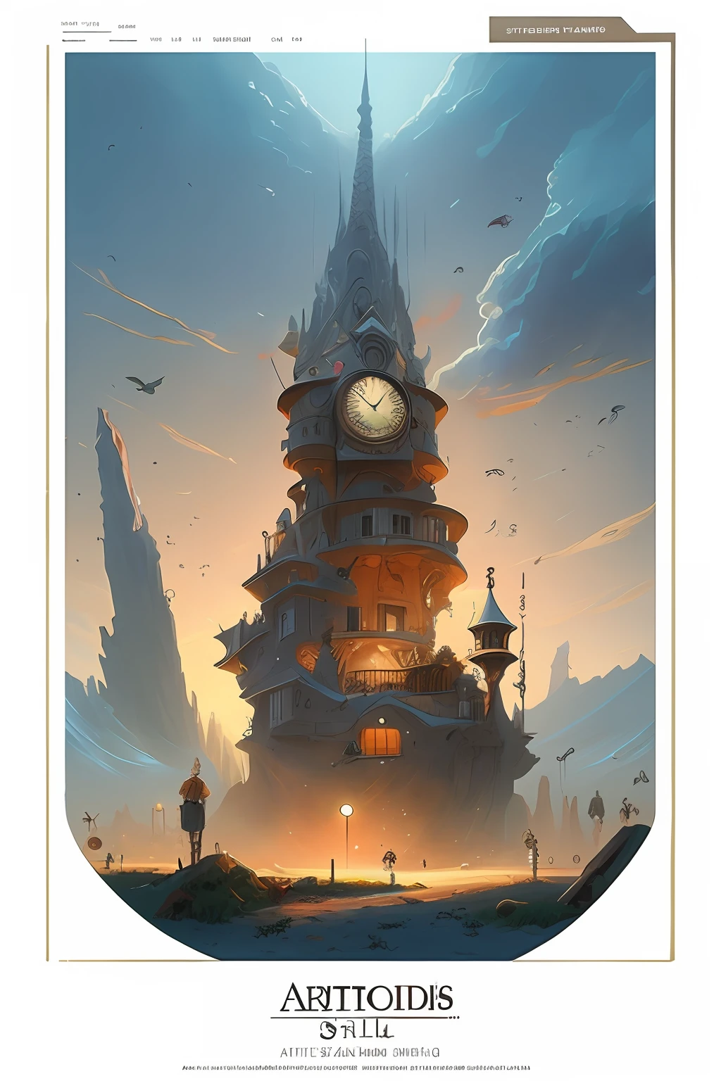 there is a large tower with a clock on it in the sky, Estilo Andreas Rocha, Vencedor do concurso Artstation, bordas ornamentadas + arte conceitual, inspirado em Andreas Rocha, Torre Steampunk Gigante e Imponente, illustration concept art, concept art illustration, Arte conceitual da torre medieval gigante, cloud palace, Silvain Sarrailh, arte conceitual | RHADS