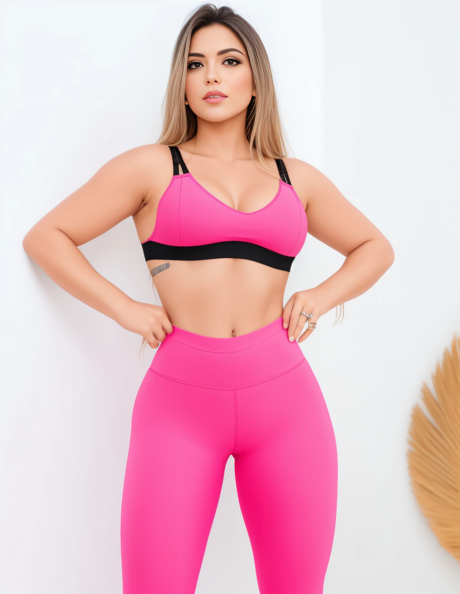a woman in pink pants and a black bra top posing for a picture, Cottagecore!! corpo encaixarness, corpo rosa, rosa quente, neon pink, roupa apertada, sport bra and shorts, two piece workout clothes, encaixar, rosa quente e preto, bra and shorts streetwear, Malika Favre, corpo em forma, Pose frontal, rosa e preto, forma tonificada