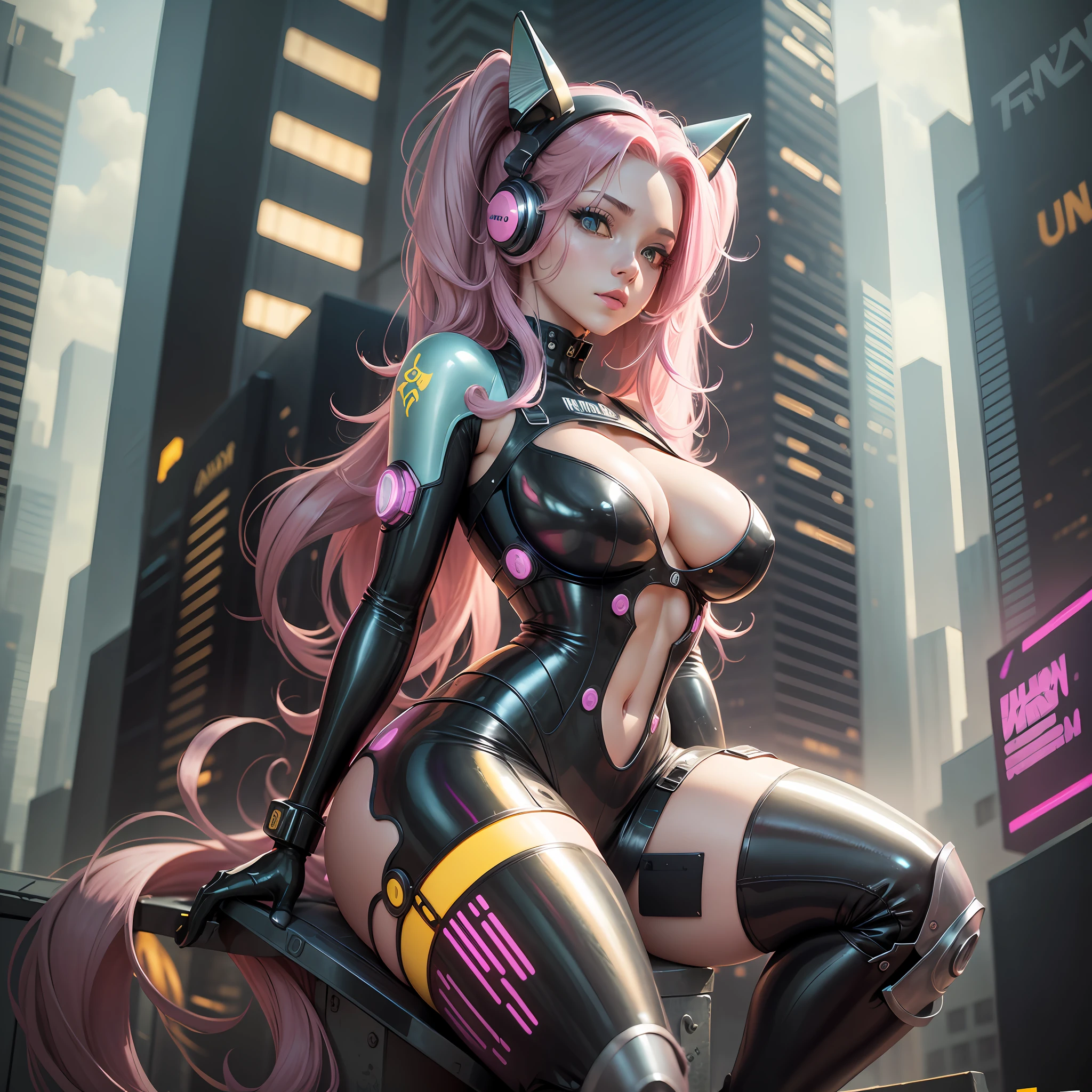 Ninja woman with peace sense headset, closed eyes, beautiful face, RGB colors, bright purple hair, anime, bright background, banner for youtube video, happy girl, clouds with RGB colors, bright RGB colors, full. --auto