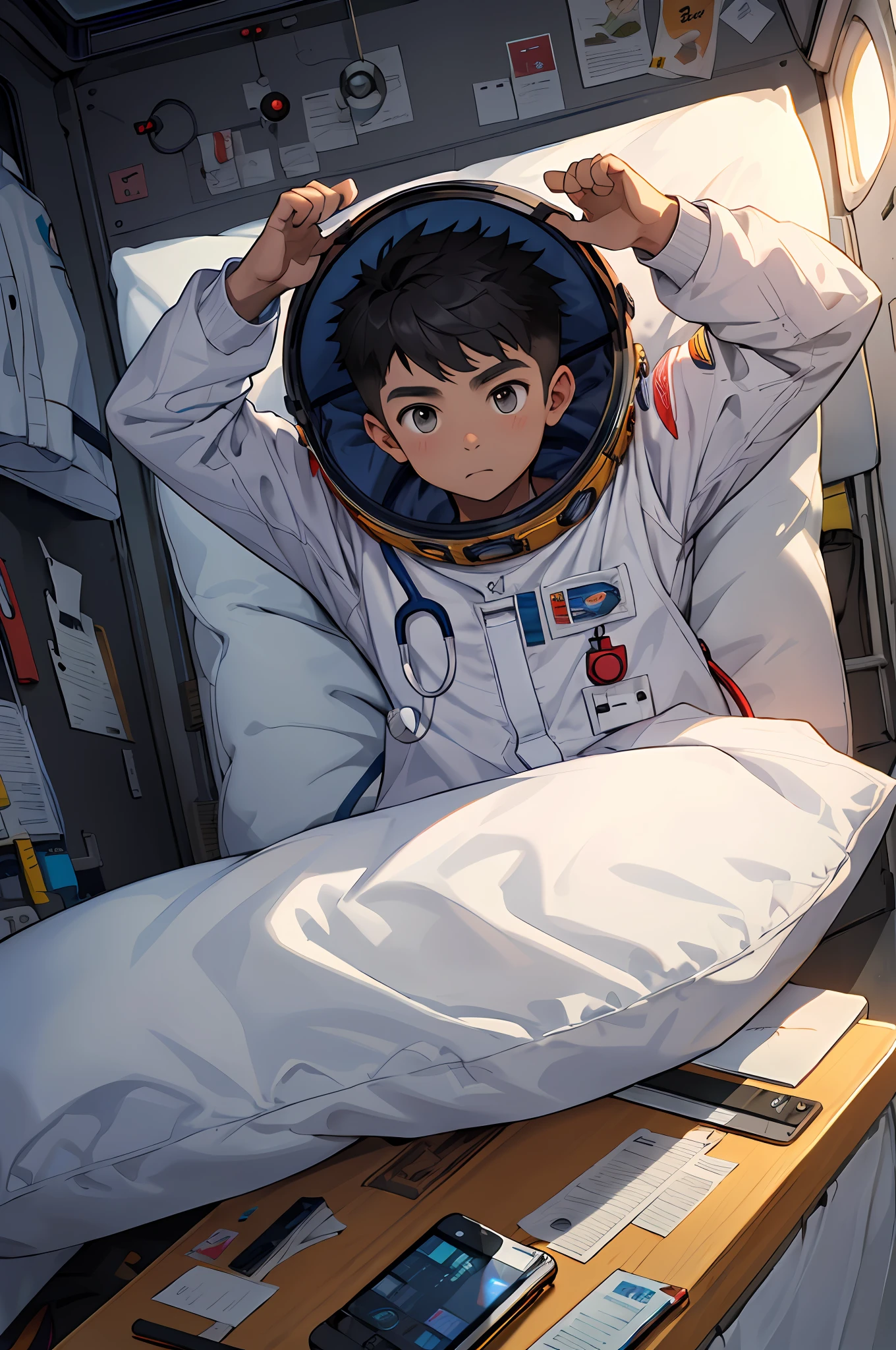 Desenhe um jovem sonhador pensando em seu futuro, a -year thing about life lying in his bed, among the options est writer, astronauta, medical doctor, sem roupa de astronauta